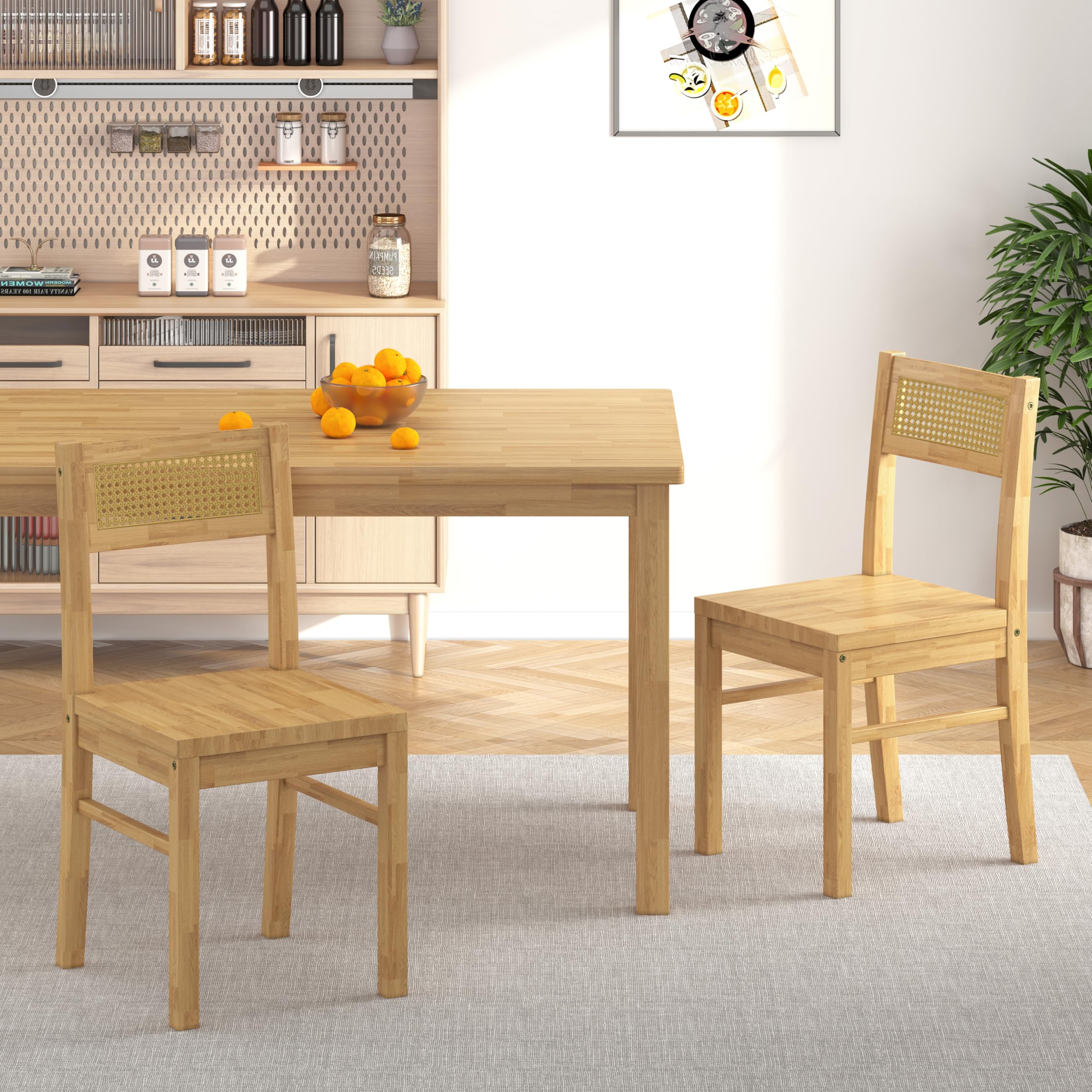5-Piece Solid Wood Dining Table Set with Rattan Back Chairs