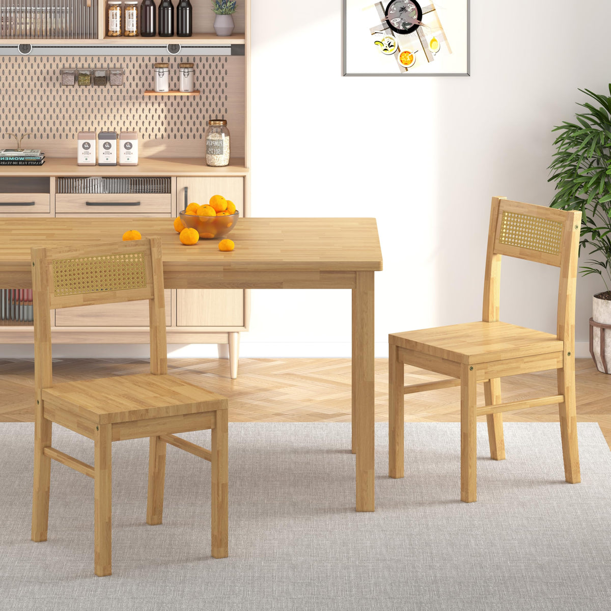 Orweiin Solid Wood Dining Table Set for 4, 43.3" Dining Table with Chairs Set, Kitchen Dining Table Set with Woven Rattan Backs, Farmhouse Solid Wood Table and Chairs, Natural