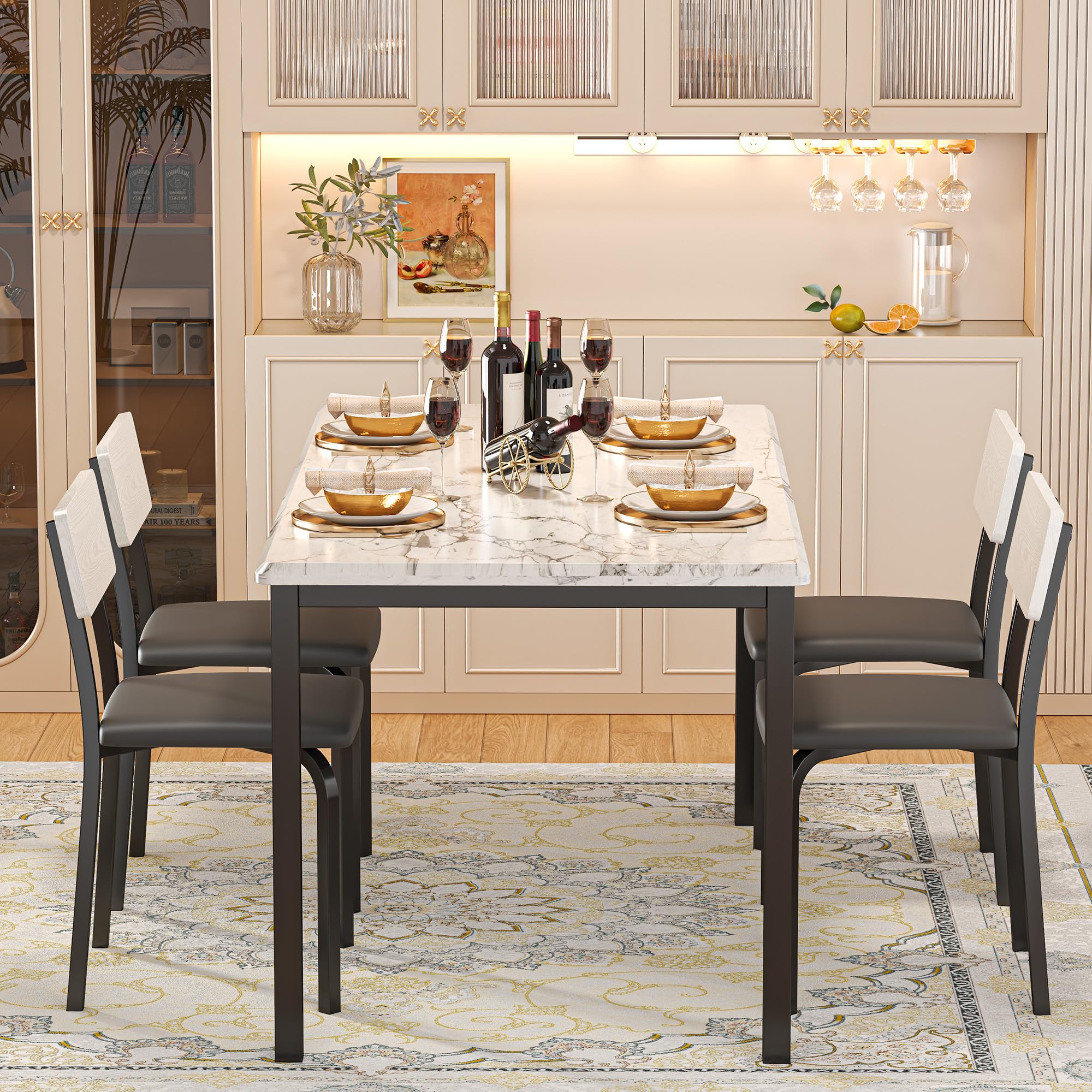 Extendable Dining Table Set with 4 Upholstered Chairs