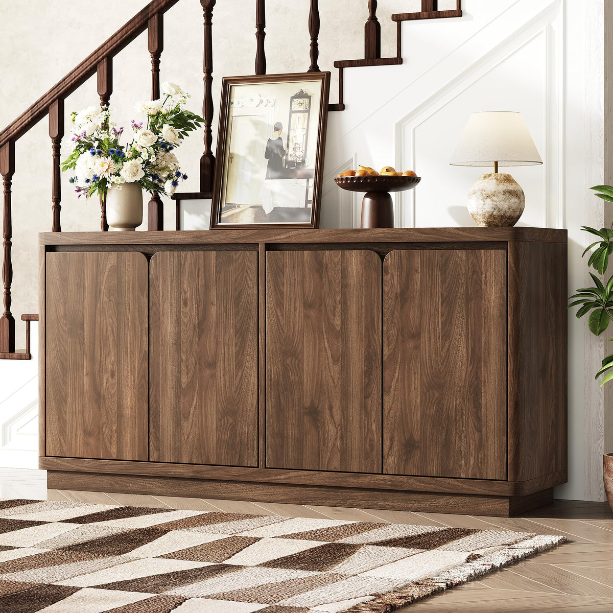 knoworld 63" Buffet Cabinet with Storage & Power Outlet, Fluted Sideboard Credenza with Double-Arc Doors, Mid-Century Modern Coffee Bar Cabinet Console Table for Dining Room, Living Room, Walnut