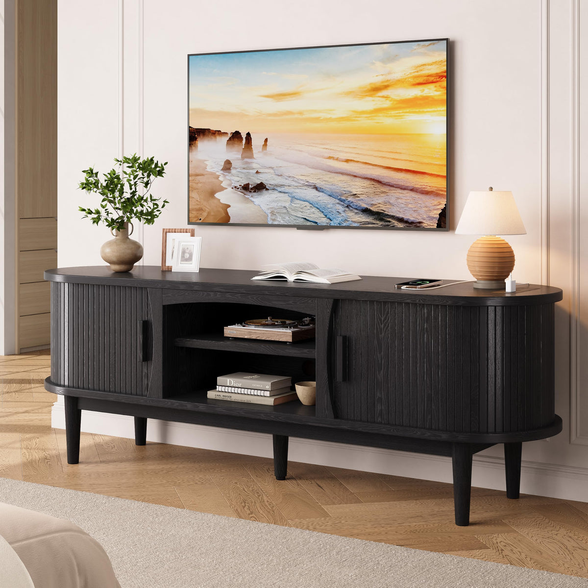 Decofy 63" Fluted TV Stand for TVs Up to 70" with Charging Station, Black