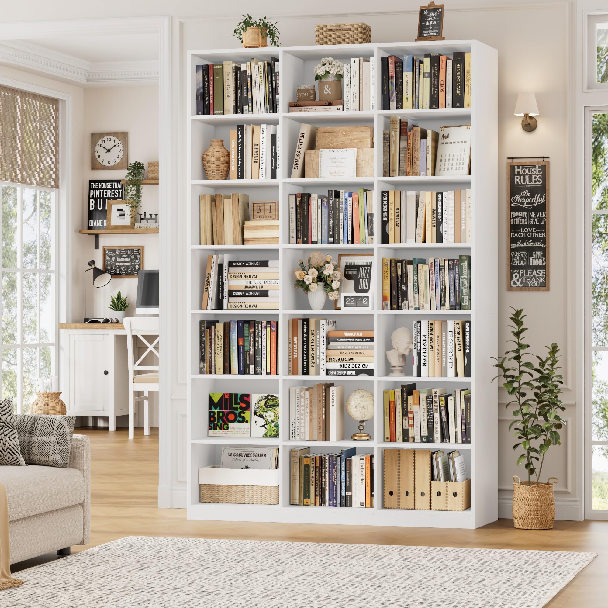 HOSTACK 86" H Triple Wide Bookshelf and Bookcase, 7 Tier Tall Bookshelf with Storage, Large Bookcase with 21 Open Display Storage Shelves, Wood Book Shelf Media CD DVD Storage for Living Room, White