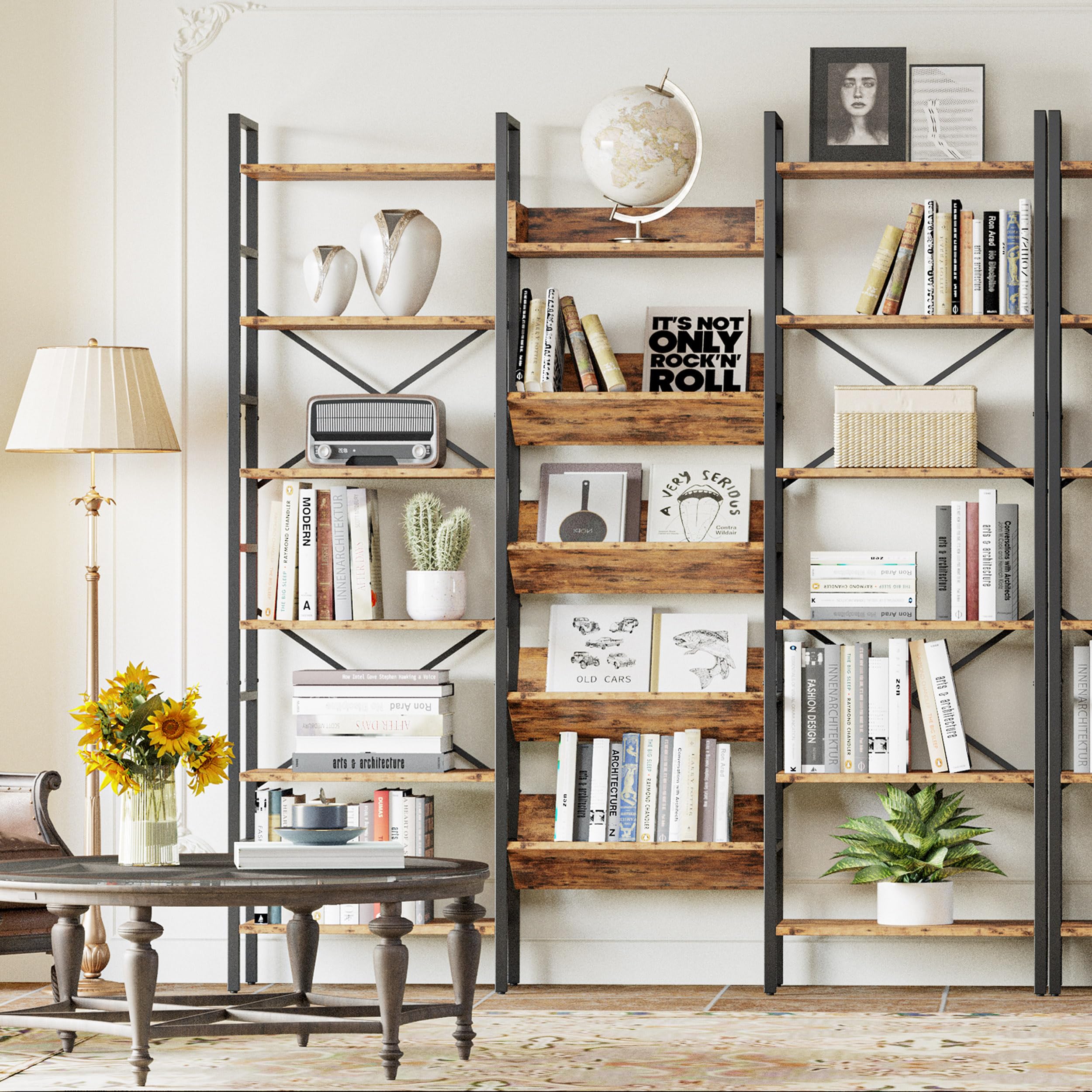 Industrial Bookshelf 6-Tier Triple Wide with Metal Frame