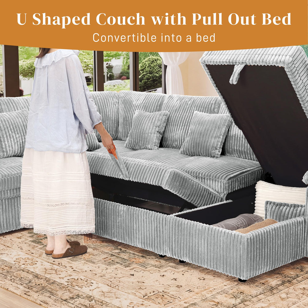 Poblink Modular Sectional Sleeper Sofa with Pull Out Bed, 104" U Shaped 7 Seat Cloud Sectional Couches for Living Room, Comfy Corduroy Couch Sofa Bed with Storage Chaise, USB Charging, Light Grey