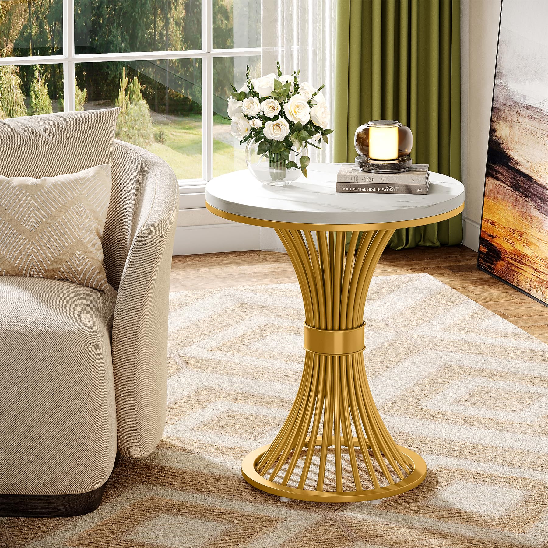 Tribesigns Round End Table, Modern Faux Marble Side Table with Gold Metal Base, Small White Gold Bedside Nightstand, Wooden Accent Table for Living Room, Bedroom, Sofa Side, White & Gold