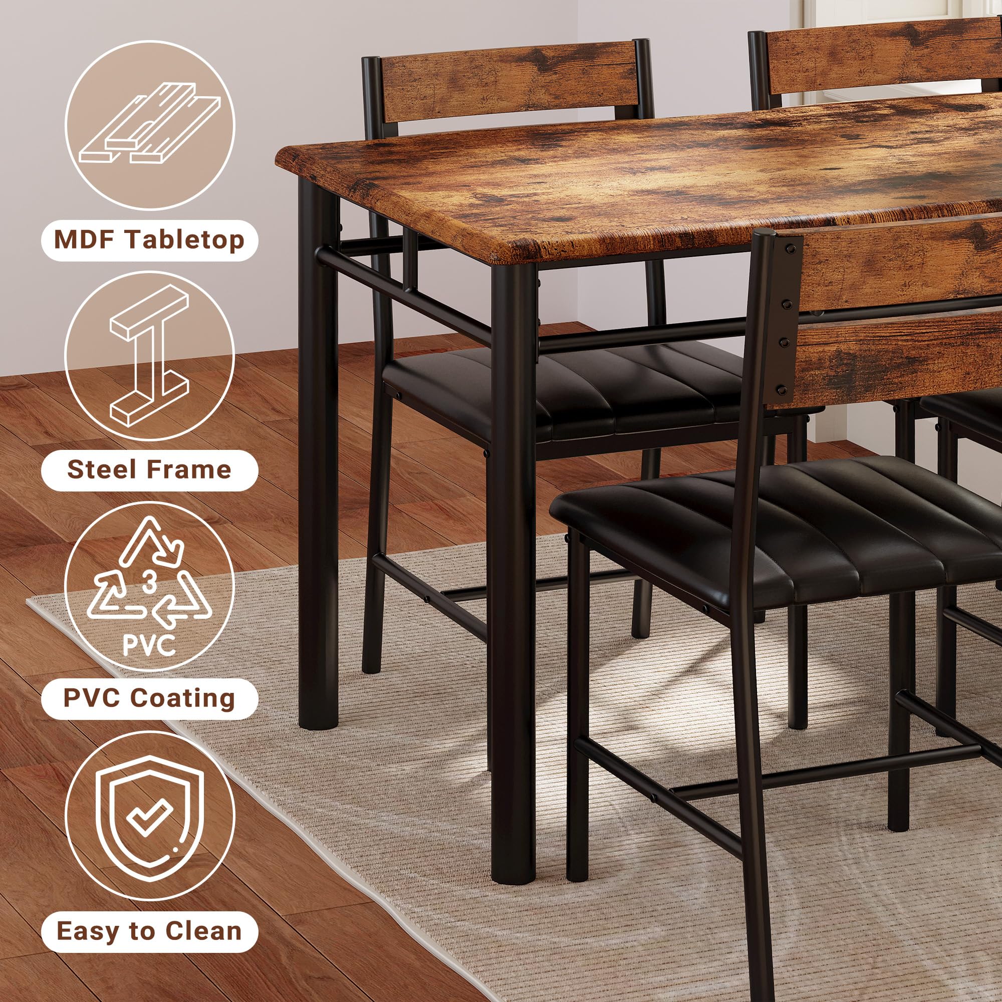5-Piece Dining Table Set for 4 with Upholstered Chairs