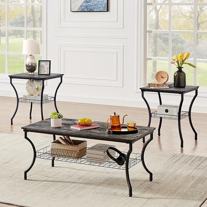 3-Piece Coffee & End Table Set with Storage Shelves