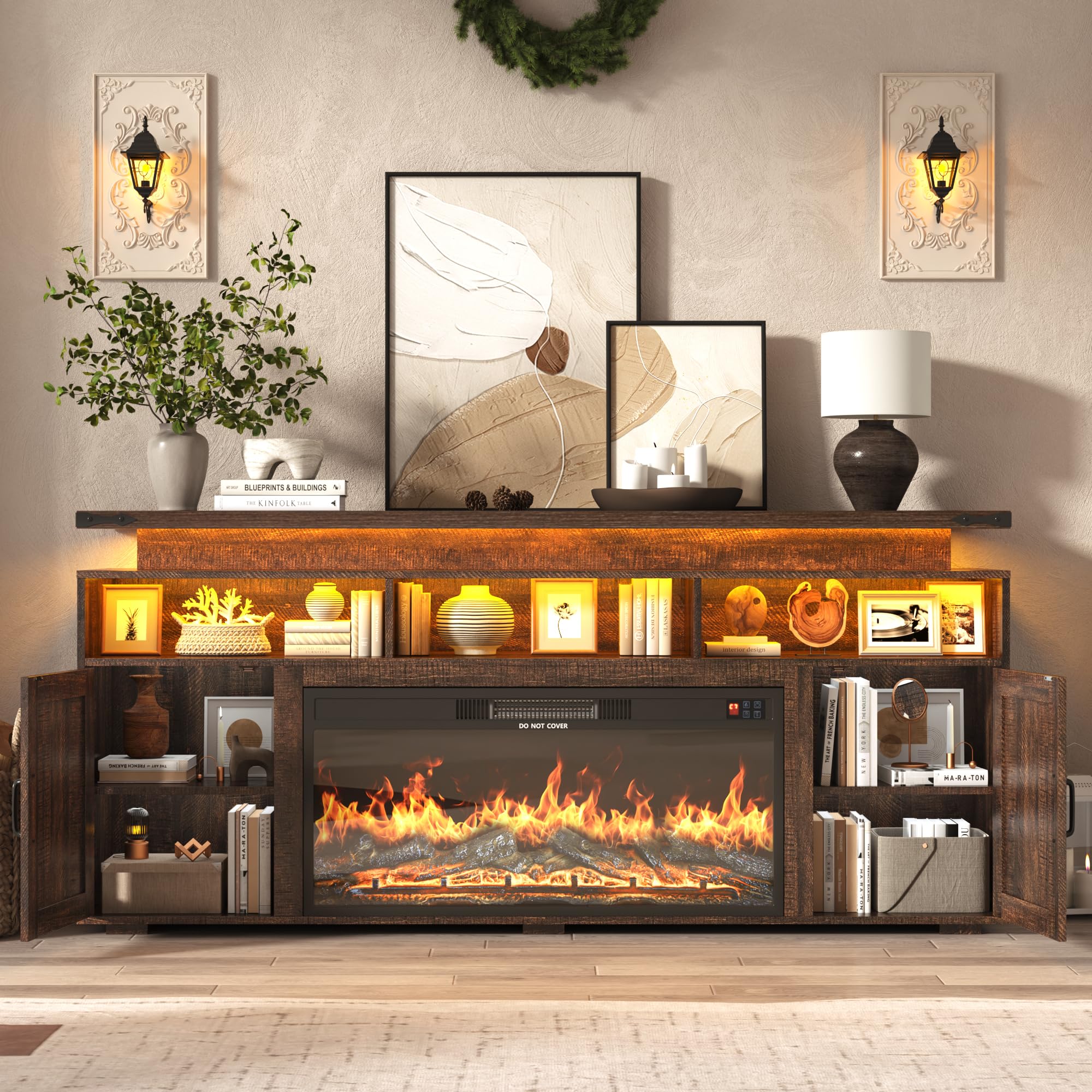 70" Fireplace TV Stand with Electric Fireplace & Storage