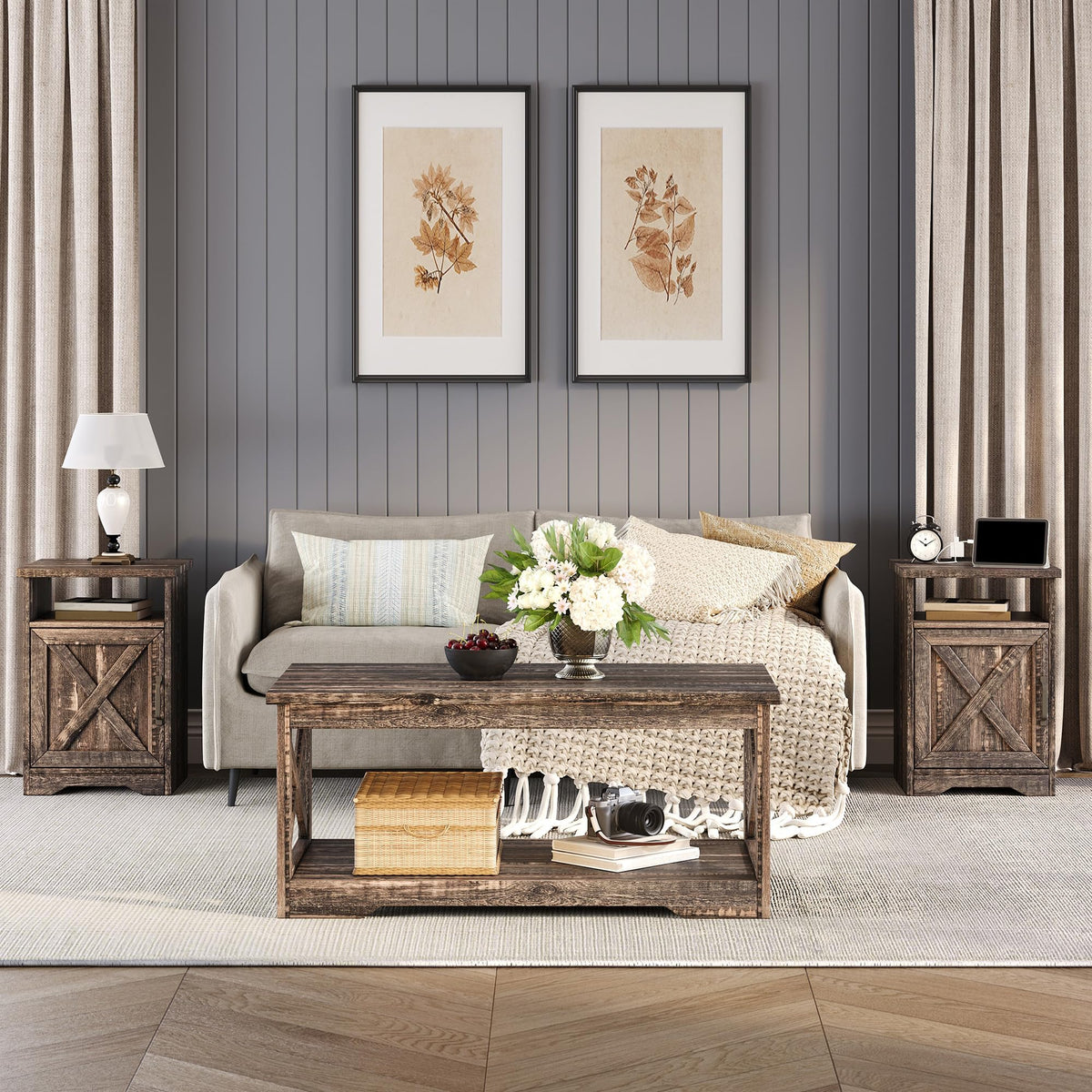 LUXOAK 3 Piece Living Room Table Set with Barn Door, Black Oak