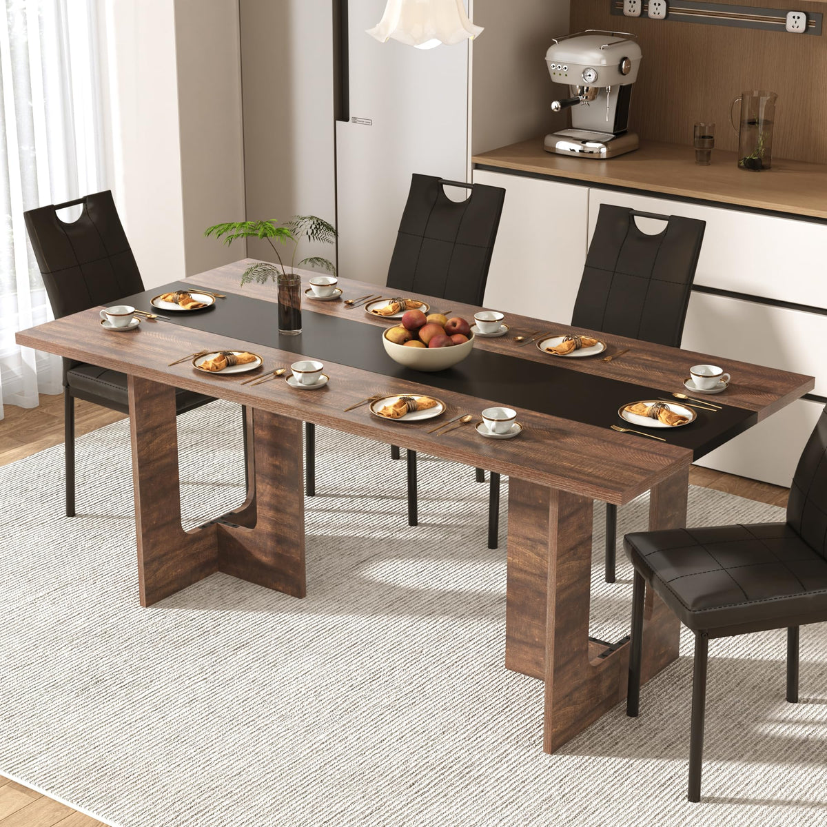 St.Mandyu 7 Pieces Dining Table & Chairs Set for 4-8 People, 71 Inch Kitchen Table with 6 Chairs, Rectangle Dining Table with Wooden Legs for Dining Room, Living Room, Brown