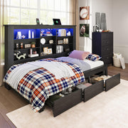 Jocisland Twin Bed Frame with Storage Drawers, Bookcase Headboard, USB Charging, RGB Lights, Farmhouse Wood Daybed, No Box Spring Needed, Black