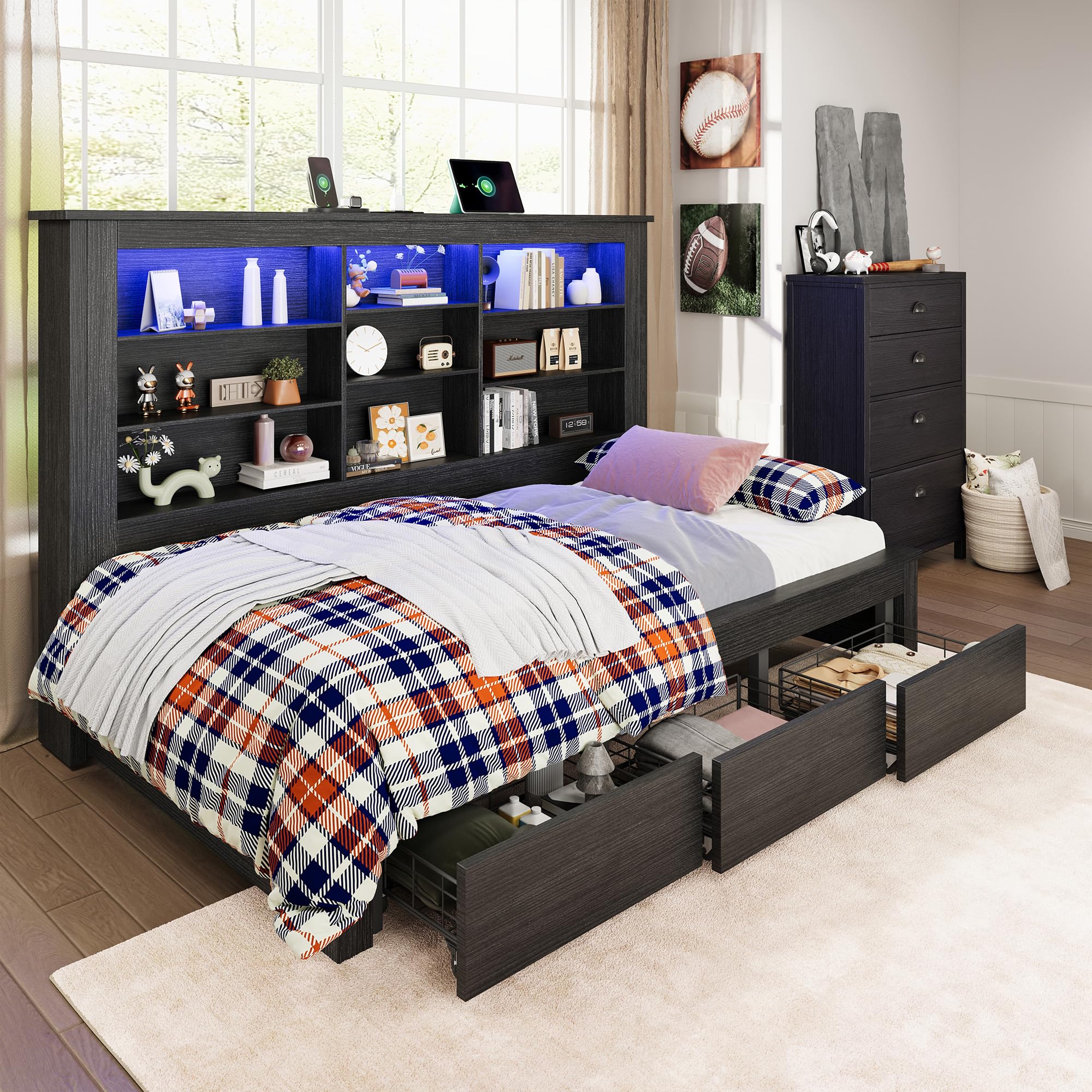 Jocisland Twin Bed Frame with Storage Drawers, Bookcase Headboard, USB Charging, RGB Lights, Farmhouse Wood Daybed, No Box Spring Needed, Black