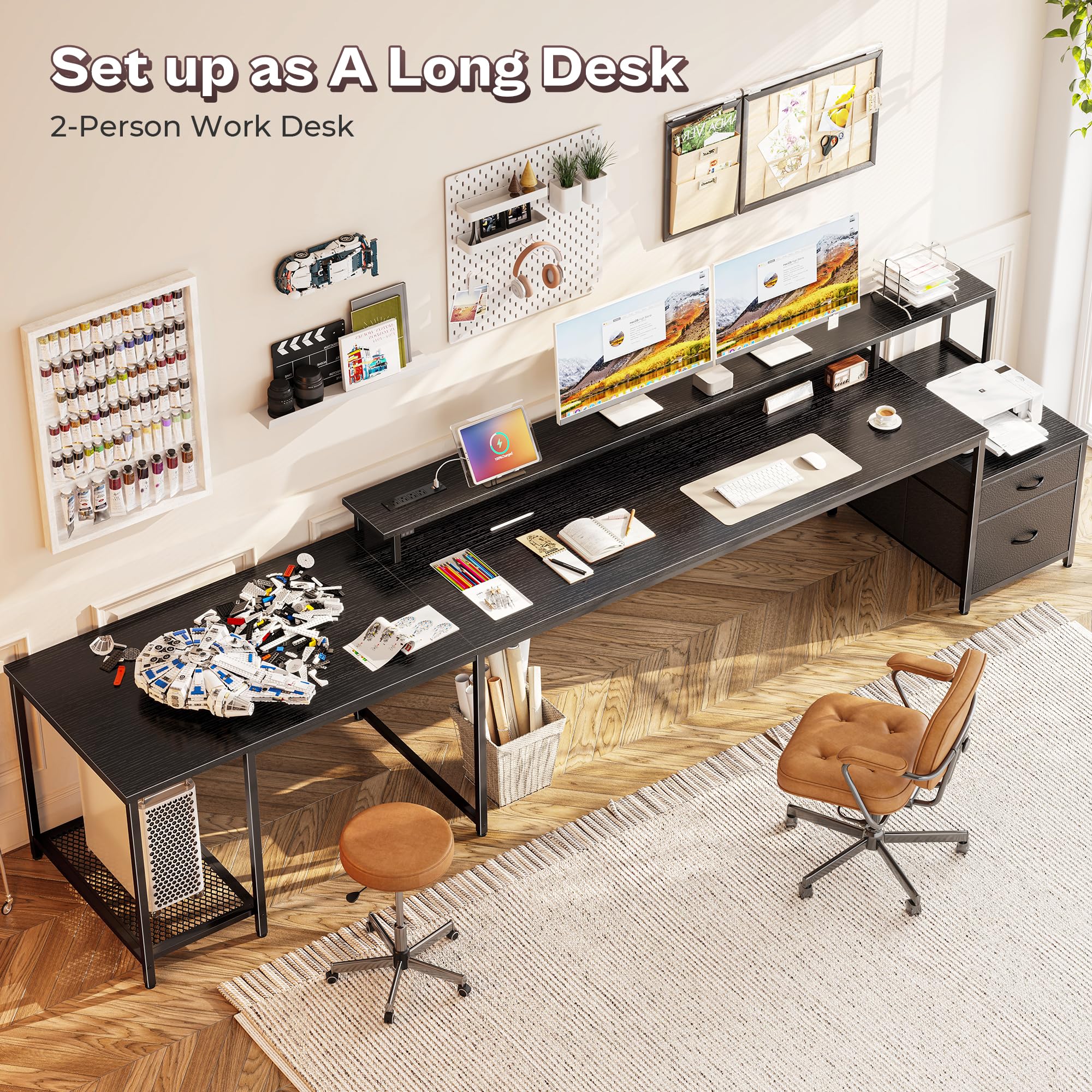 PRAISUN 66" L Shaped Gaming Desk with LED Lights & Power Outlets, Computer Desk with Fabric Drawers and Print Stand, Corner Office Desk, Monitor Stand, Mesh CPU Stand, Black