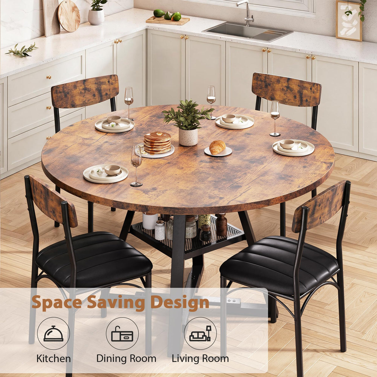 Round Dining Table Set with Upholstered Chairs