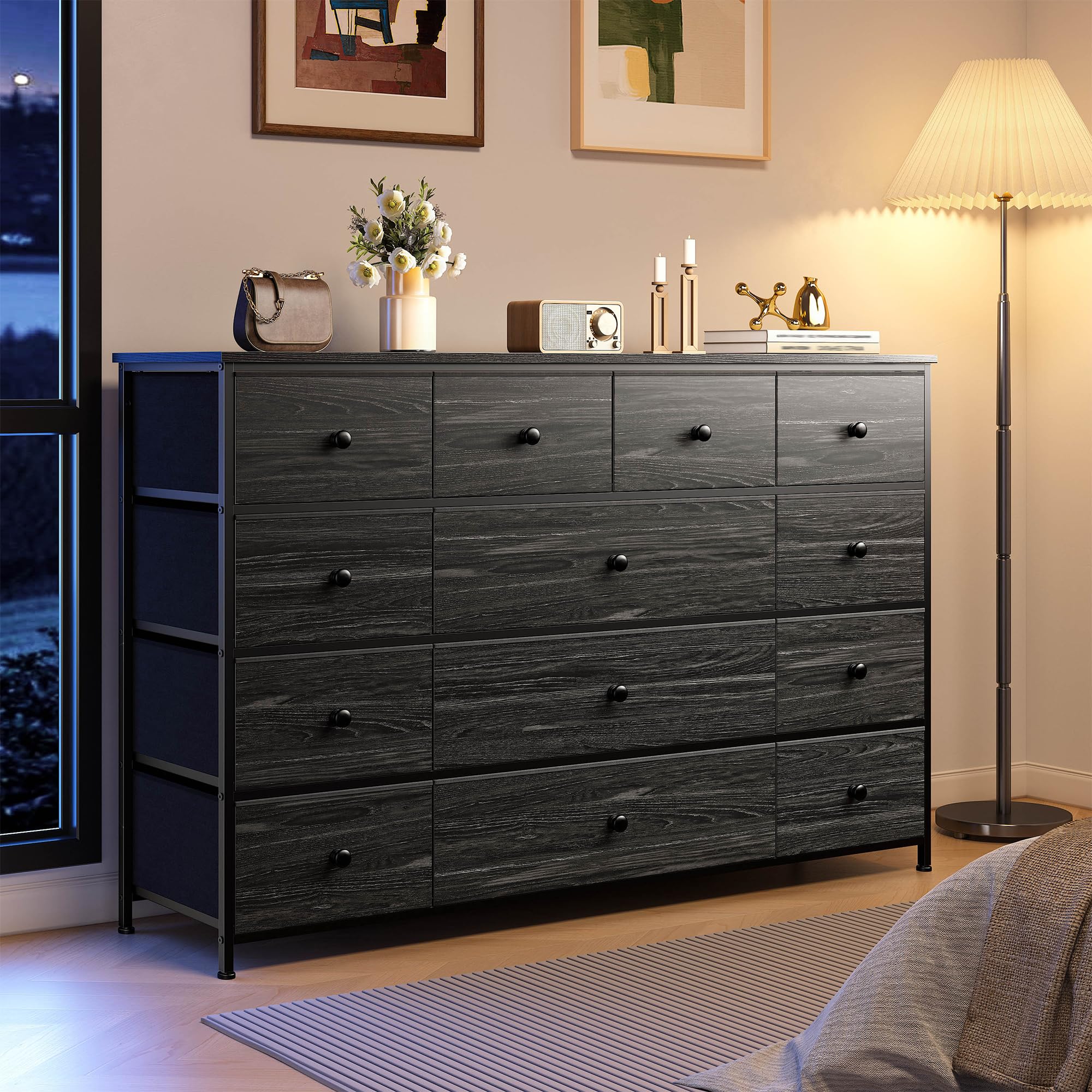 EnHomee Black Dresser TV Stand with 13 Fabric Dresser 45 Inch TV Stand for Bedroom Chests of Drawers for Bedroom, Entryway, Wood Top and Sturdy Frame