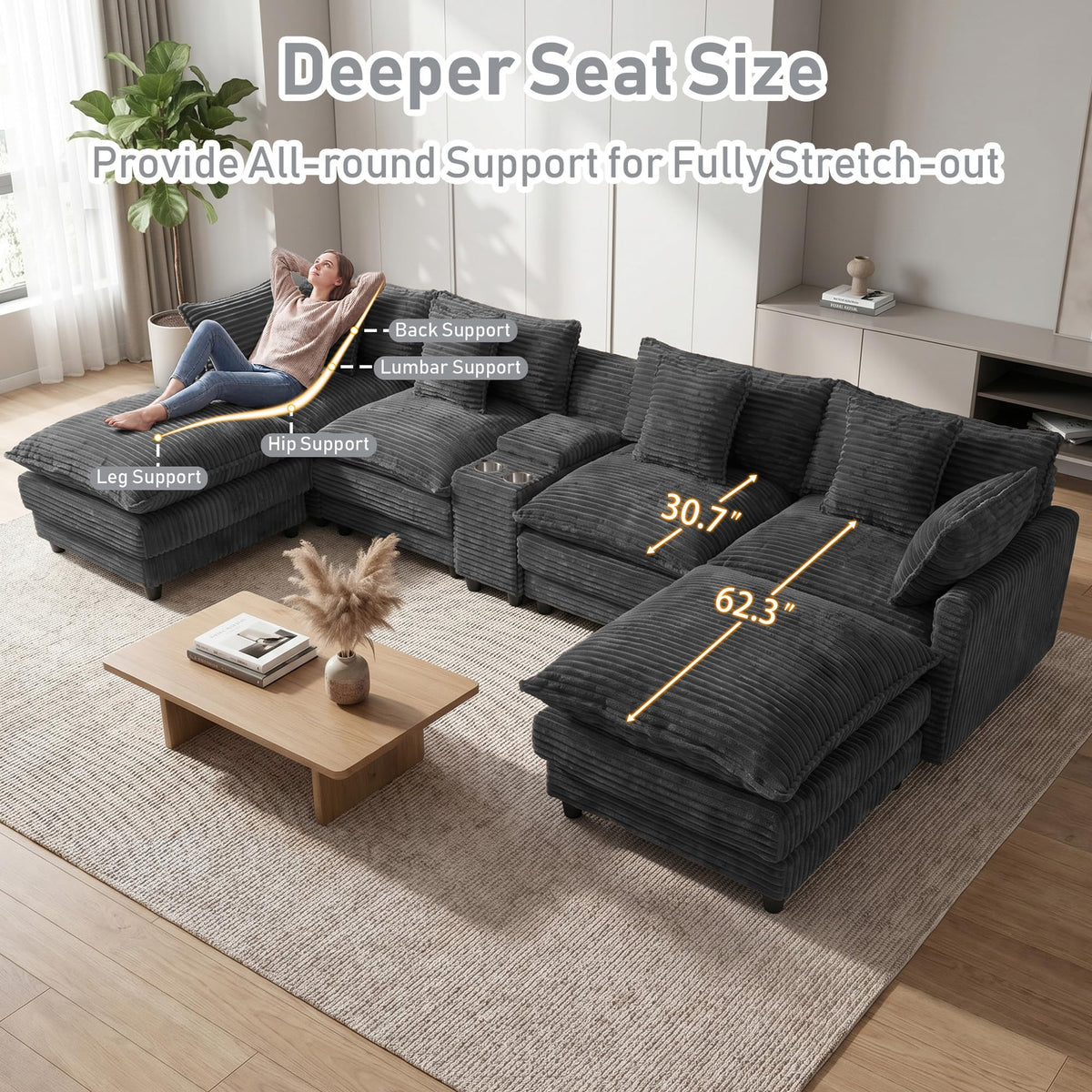 ONEMMLION 143" Oversized U-Shaped Cloud Sectional Sofa, Grey