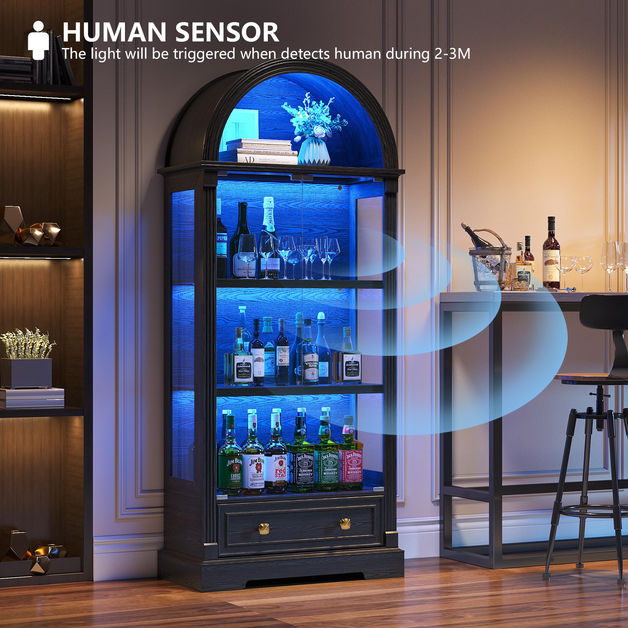 Arched Glass Display Cabinet with LED Motion Sensor Lighting