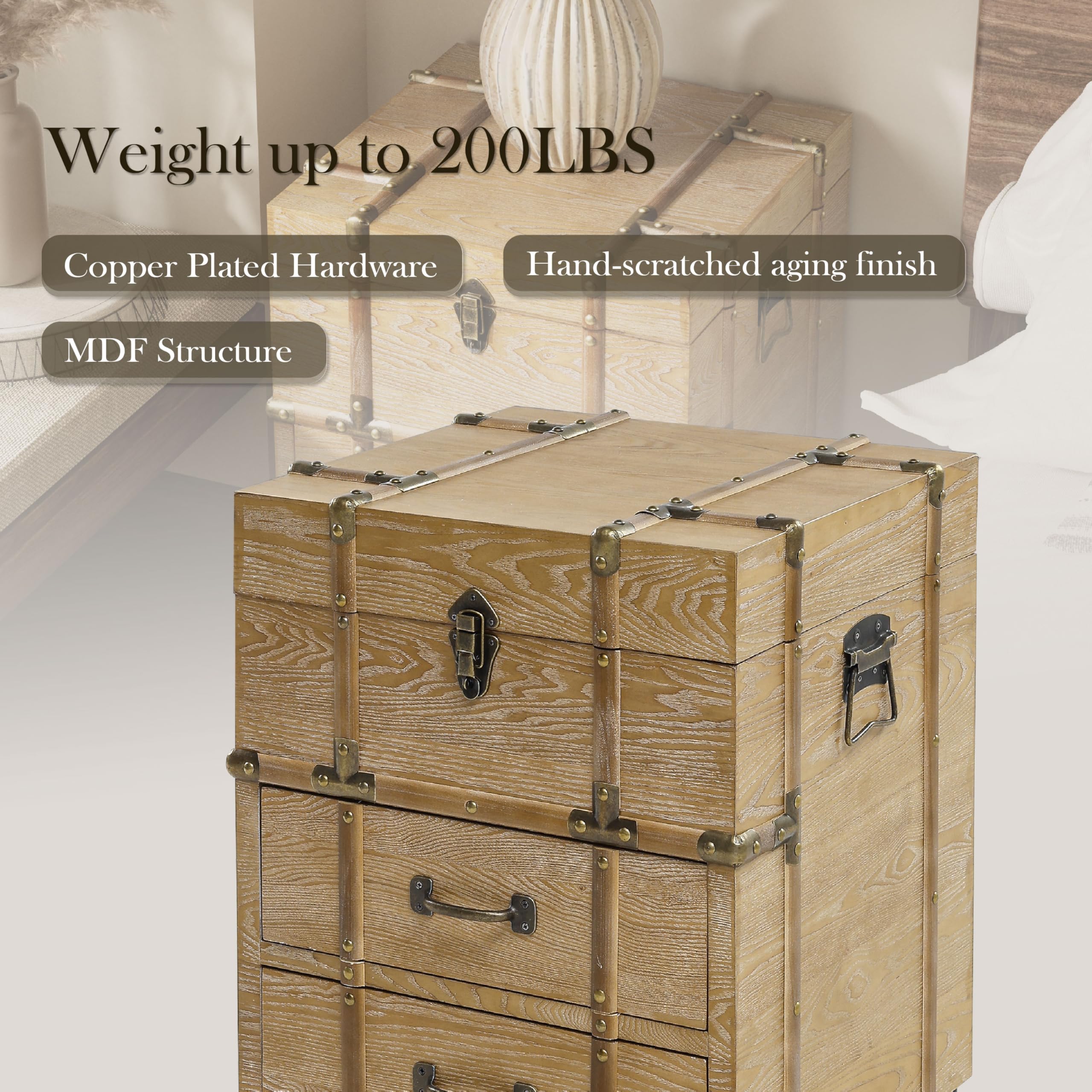 Aoikax Vintage Storage Chest with Buckle Hinged Top, Wood Accent End Side Table for Living Room, Office, Bedroom, Rectangle, Retro Brown
