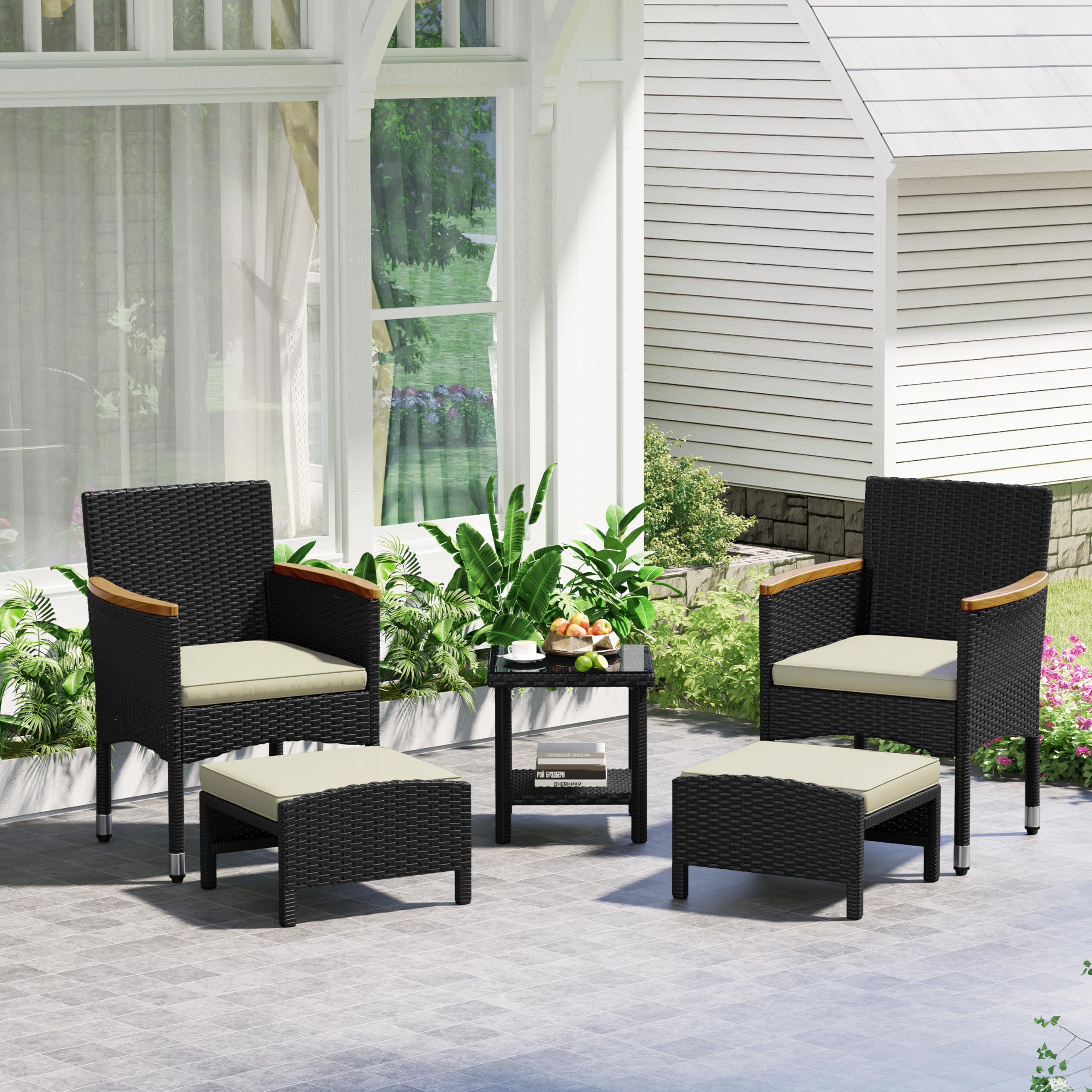 Yaheetech 5 Piece Patio Conversation Set, Outdoor Wicker Bistro Furniture, PE Wicker Outdoor Rattan Chairs Set with Coffee Table for Porch, Poolside, Lawn, Garden, Balcony