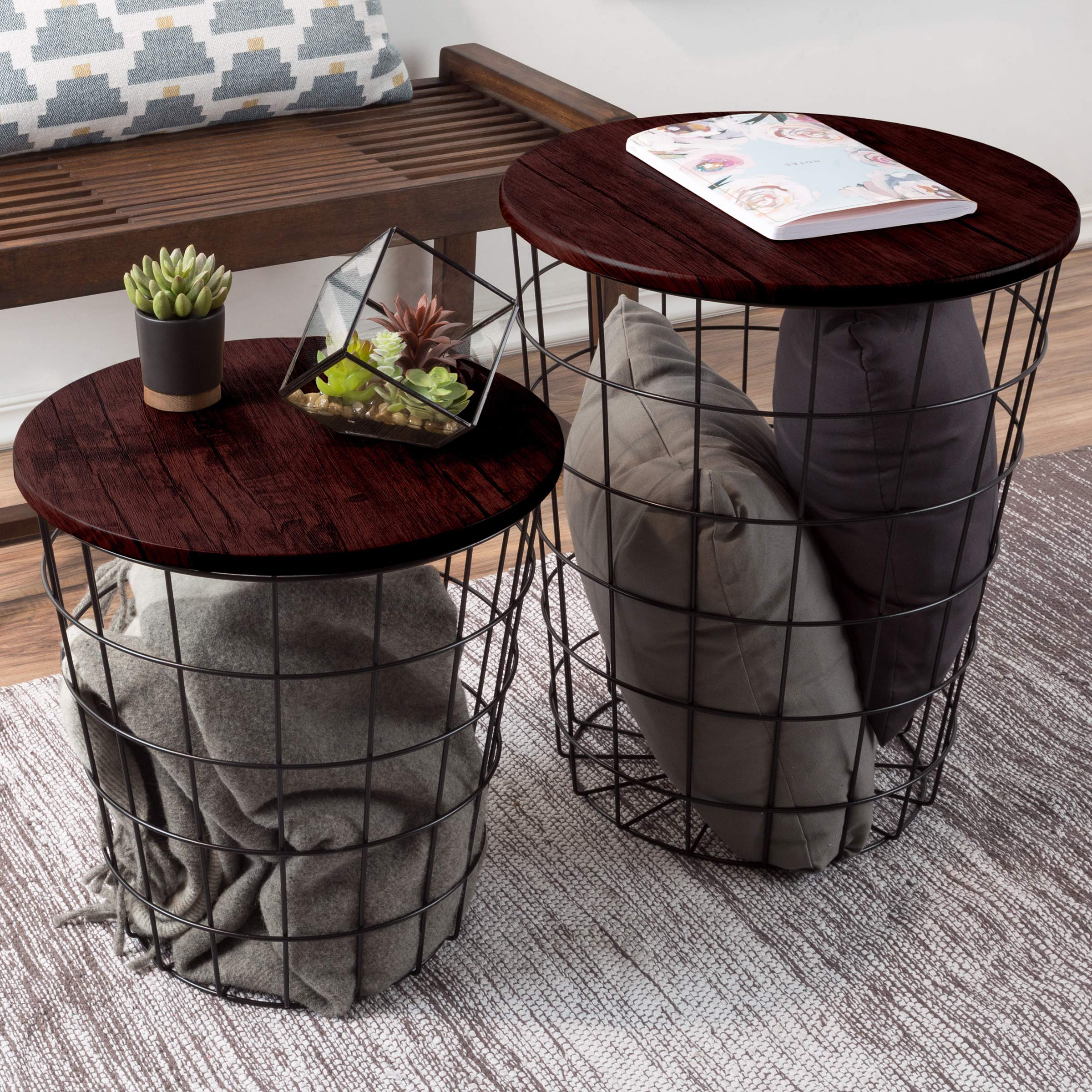 Nesting Side Tables Set of 2 with Wood Tops & Wire Baskets