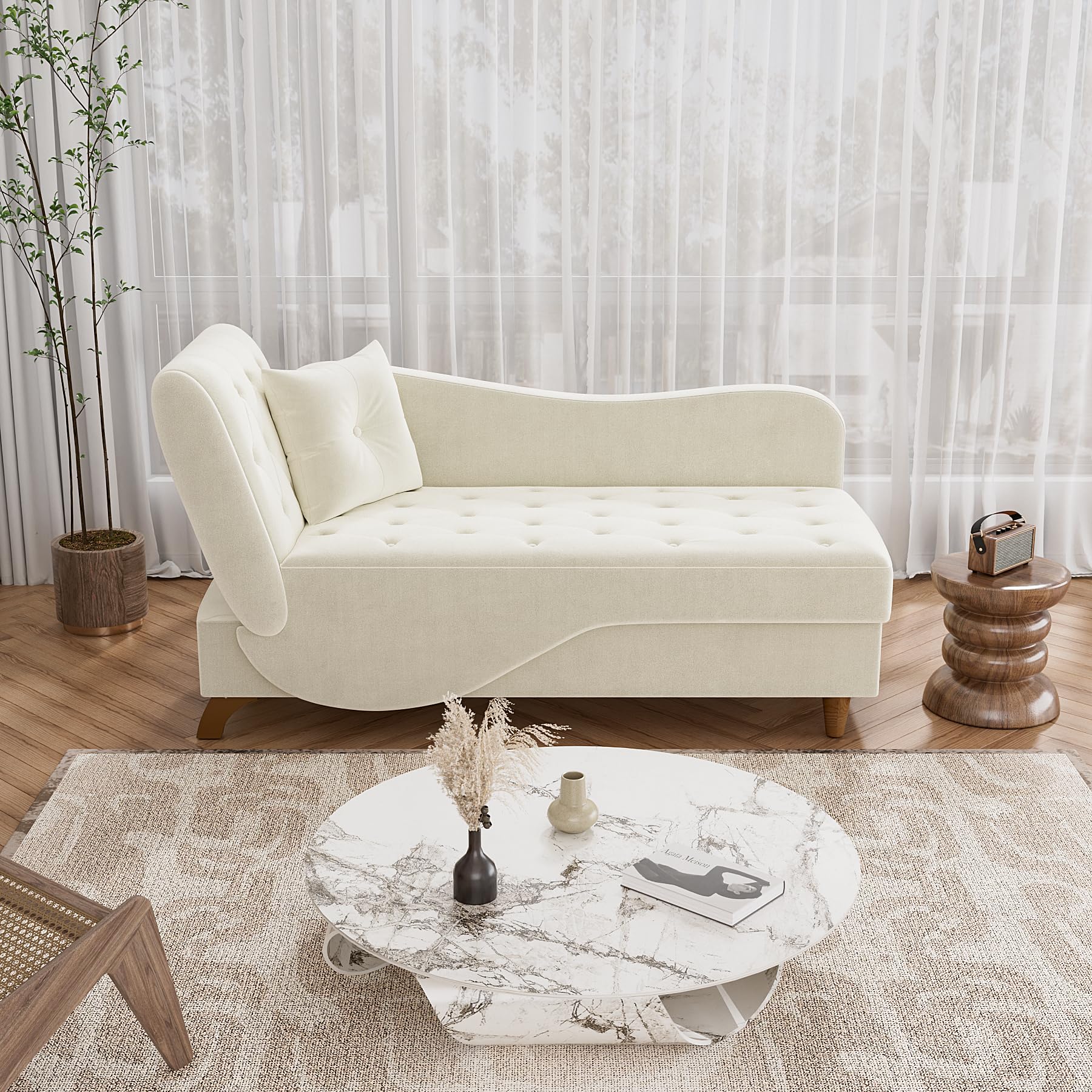 DAMAIFROM Chaise Lounge Chair Indoor with Storage, Adjustable Backrest Recling Reading Chair Sleeper Sofa Bed with Pillow, 3 in 1 Velvet Futon Lounge Chair for Living Room Bedroom, Beige White