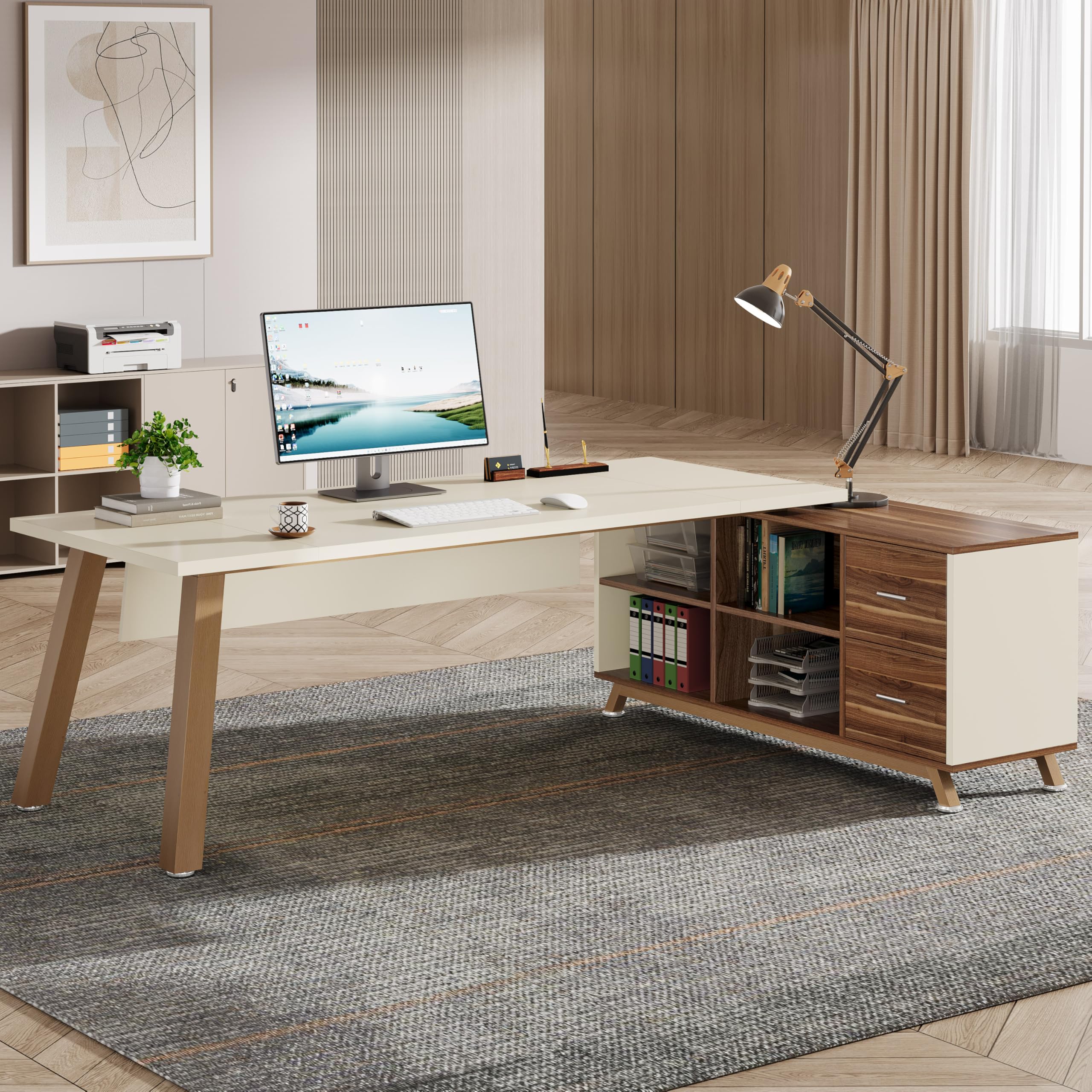 L-Shaped Desk with Storage Shelves & Drawers