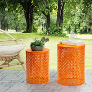 Glitzhome Outdoor Side Table Set of 2, Decorative Garden Stool for Patio Heavy Duty Metal Frame Accent Table Modern End Table, Glossy Orange