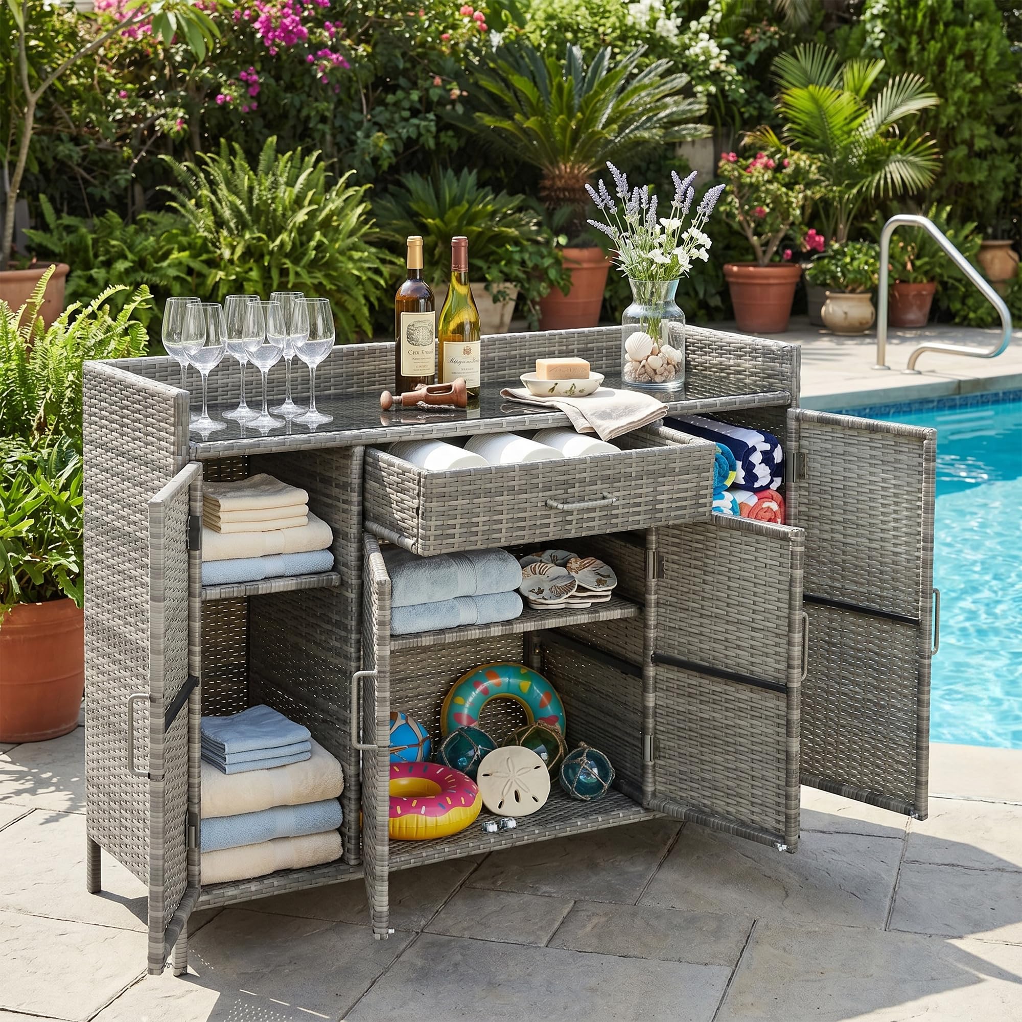 Merax 53.2" Patio Wicker Storage Cabinet, Outdoor Waterproof Patio Bar Table with Drawer and Shelves, Wicker Buffet Cabinet Sideboard for Poolside and Backyard, Gray