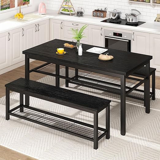 3-Piece Dining Table Set with 2 Benches & Storage Rack