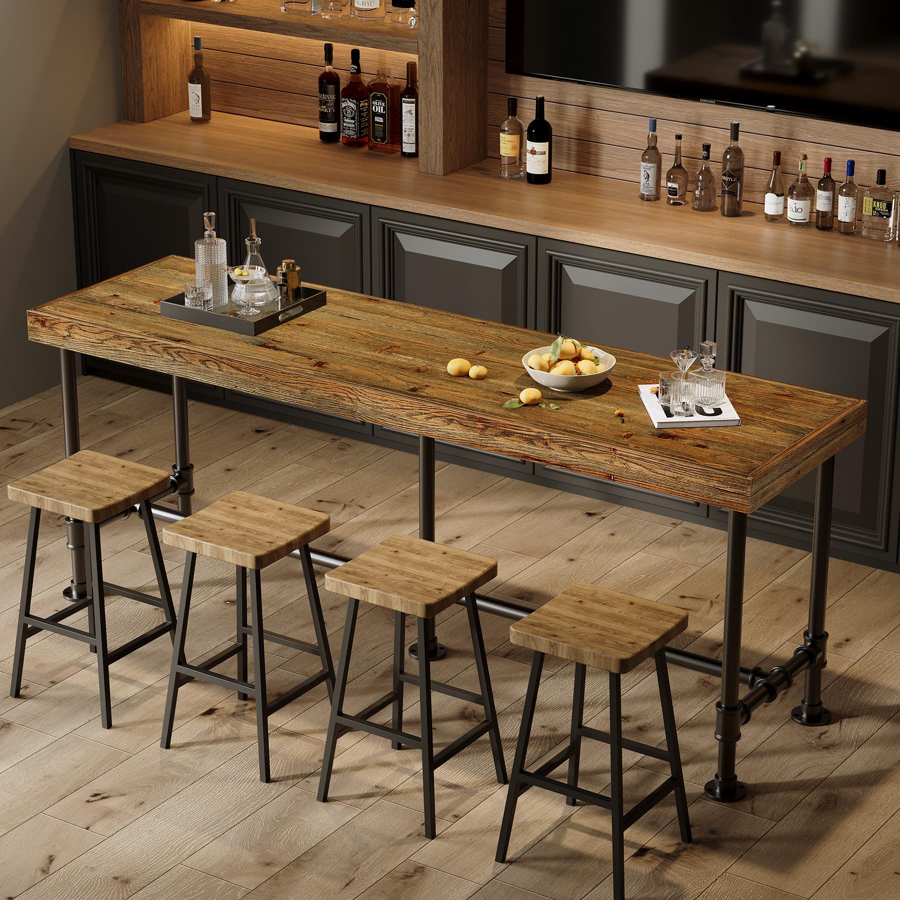 TRIBEWOOD 70.9-Inch Long Solid Wood Bar Table for 6-8 People, Industrial Narrow Counter Height Pub Table with Metal Footrest, Rectangular High Top Bar Unit for Kitchen Dining, Rustic Brown(Table Only)