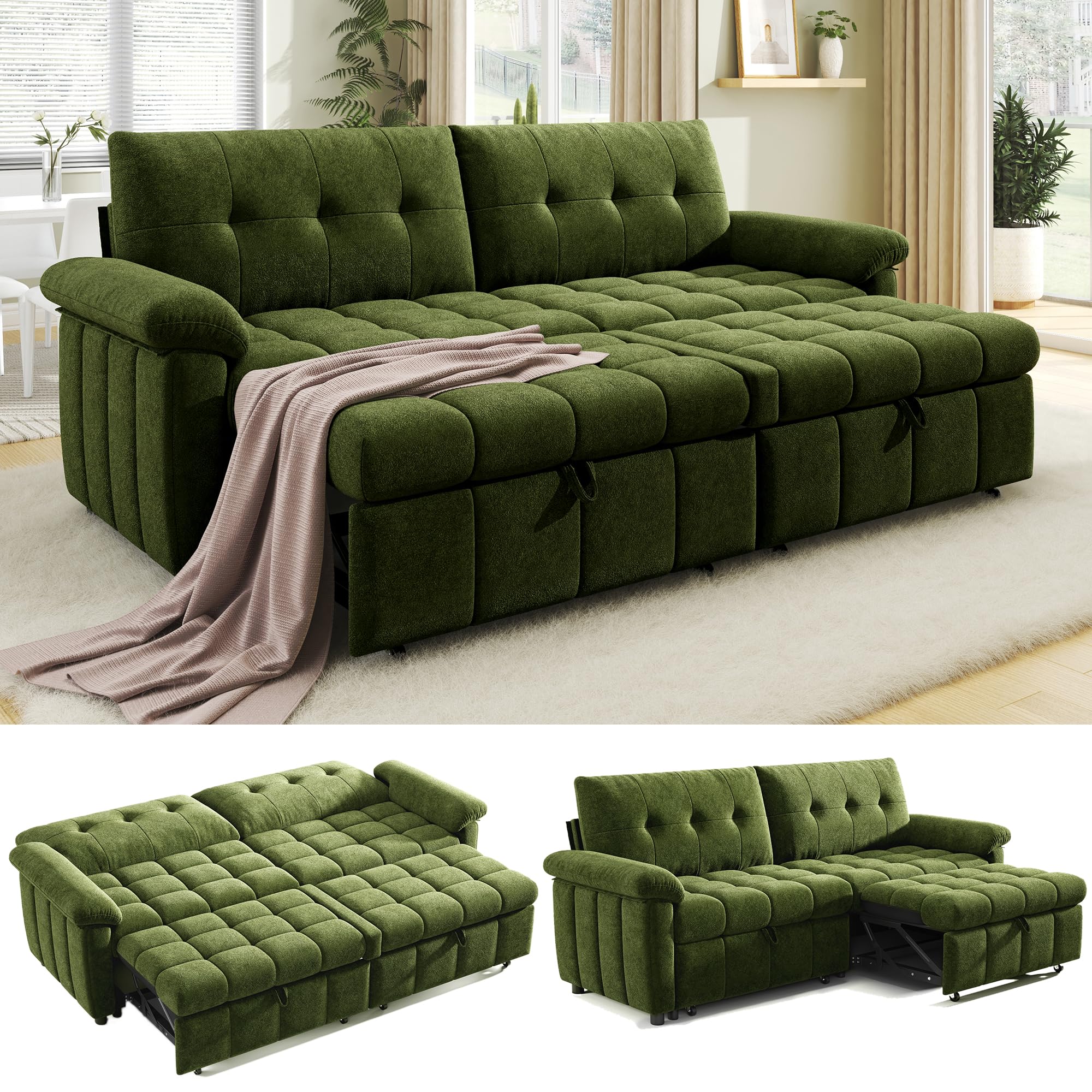 Jocisland 93” 4-in-1 Convertible Sofa Bed, Full Size Cloud Sleeper Sofa, Tufted Chenille, 5-Position Adjustable Backrest, 10-Minute Tool-Free Assembly, Couches for Living Room Guest Room, Green