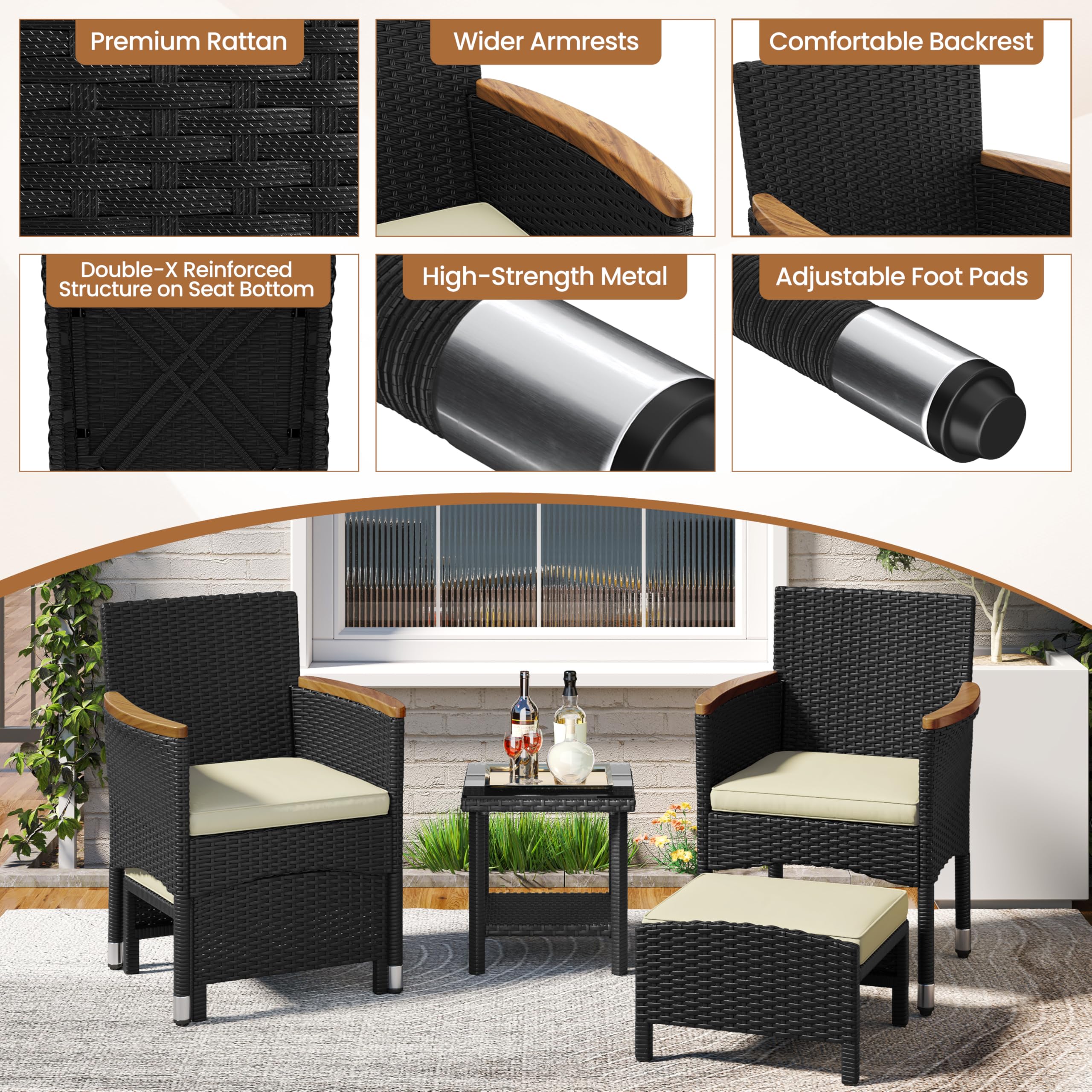 Yaheetech 5 Piece Patio Conversation Set, Outdoor Wicker Bistro Furniture, PE Wicker Outdoor Rattan Chairs Set with Coffee Table for Porch, Poolside, Lawn, Garden, Balcony