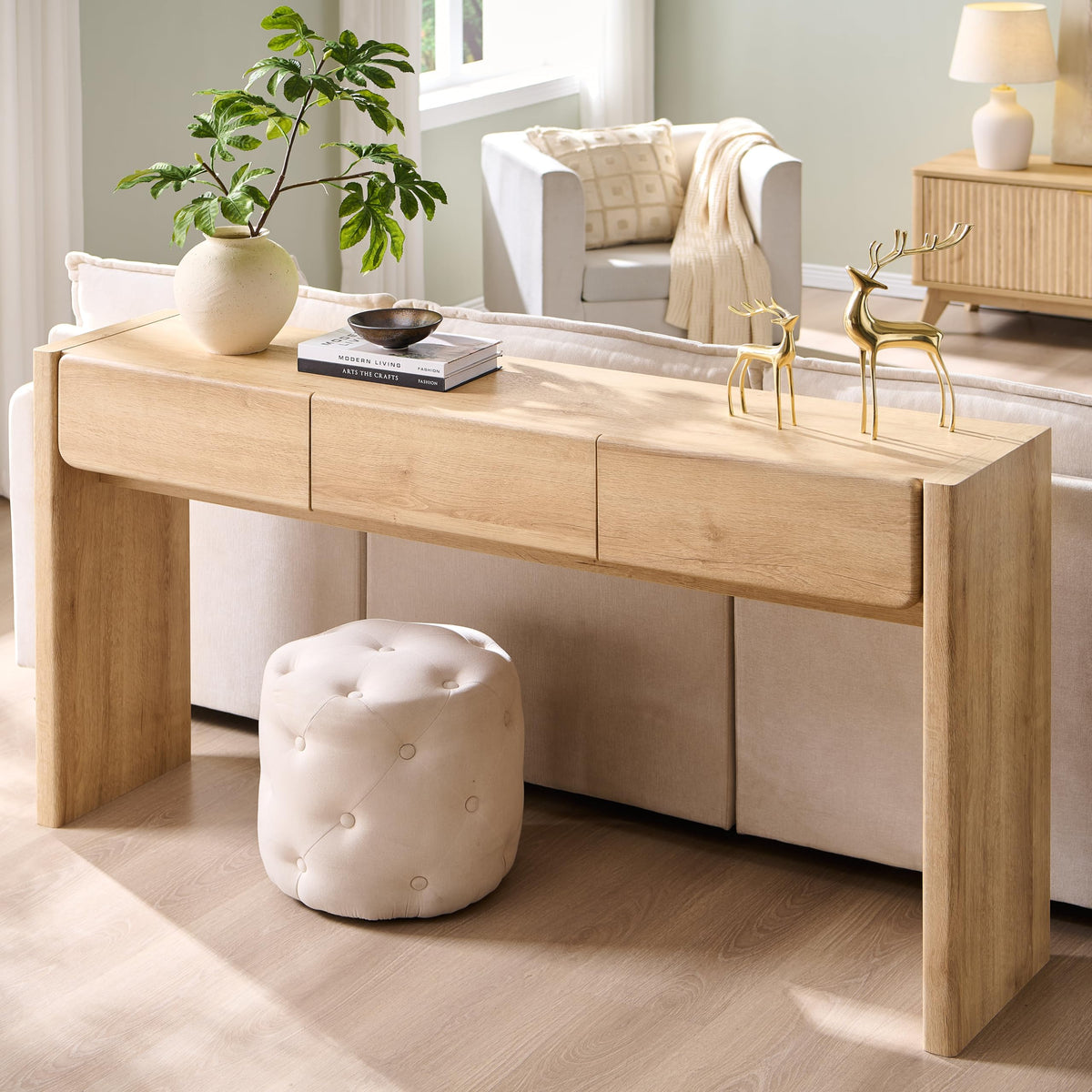 OKD 63'' Console Table with 3 Drawers, Farmhouse Entryway Table with Rounded Corners, Console Table Behind Couch for Living Room/Hallway-Natural Oak