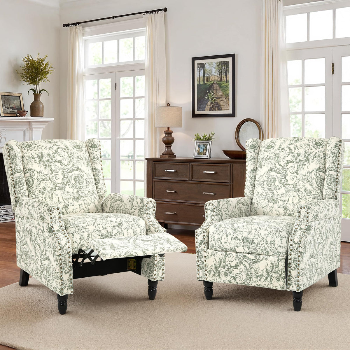 DREAMSIDEA Wingback Floral Pushback Recliner Chair, Rococo Green, Set of 1