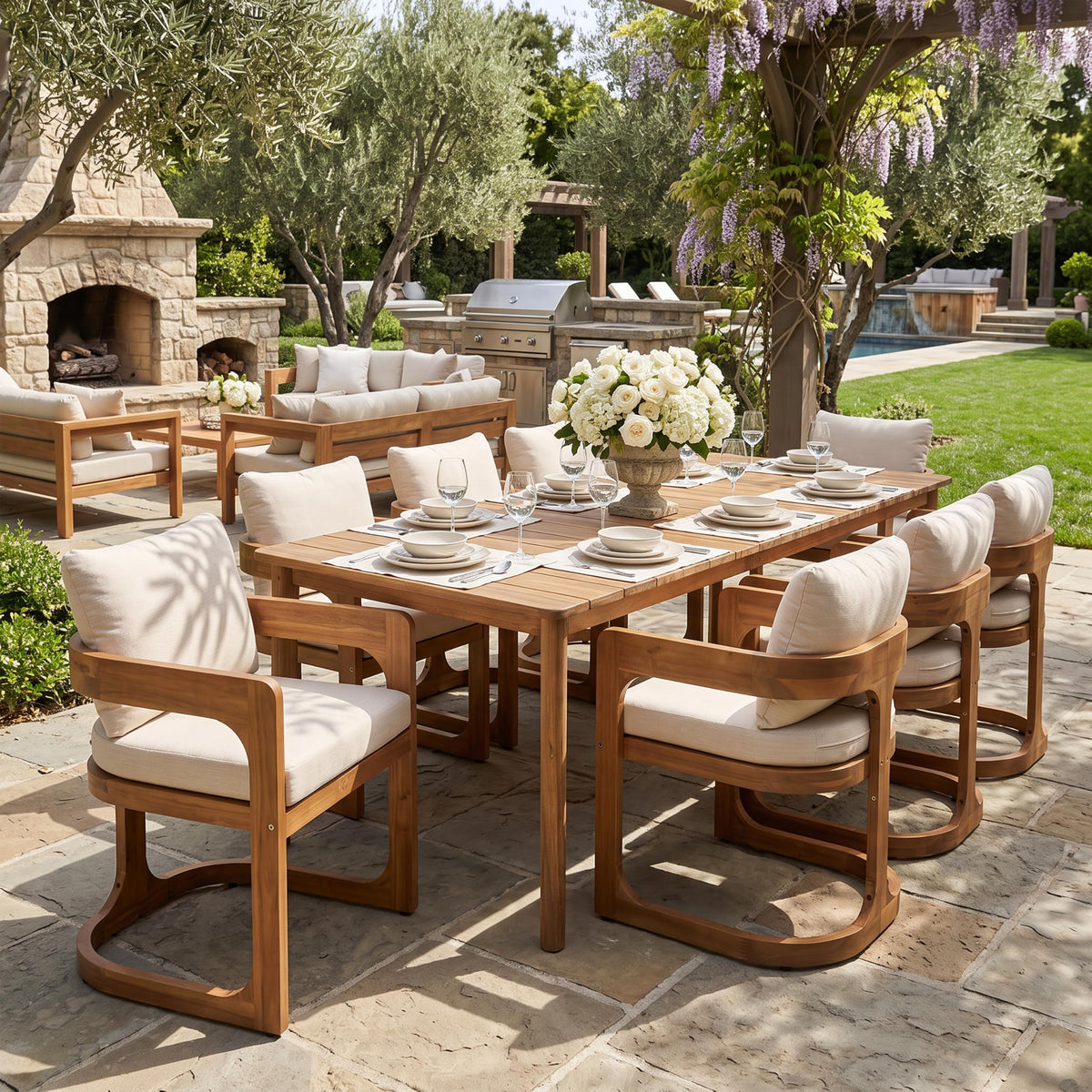 Christopher Knight Home Zeke Acacia Wood Outdoor Dining Set for 8, 9 Piece Patio Dining Table and Chair Set, Wooden Outdoor Dining Armchair and Table Set with Cushion, Teak+Beige