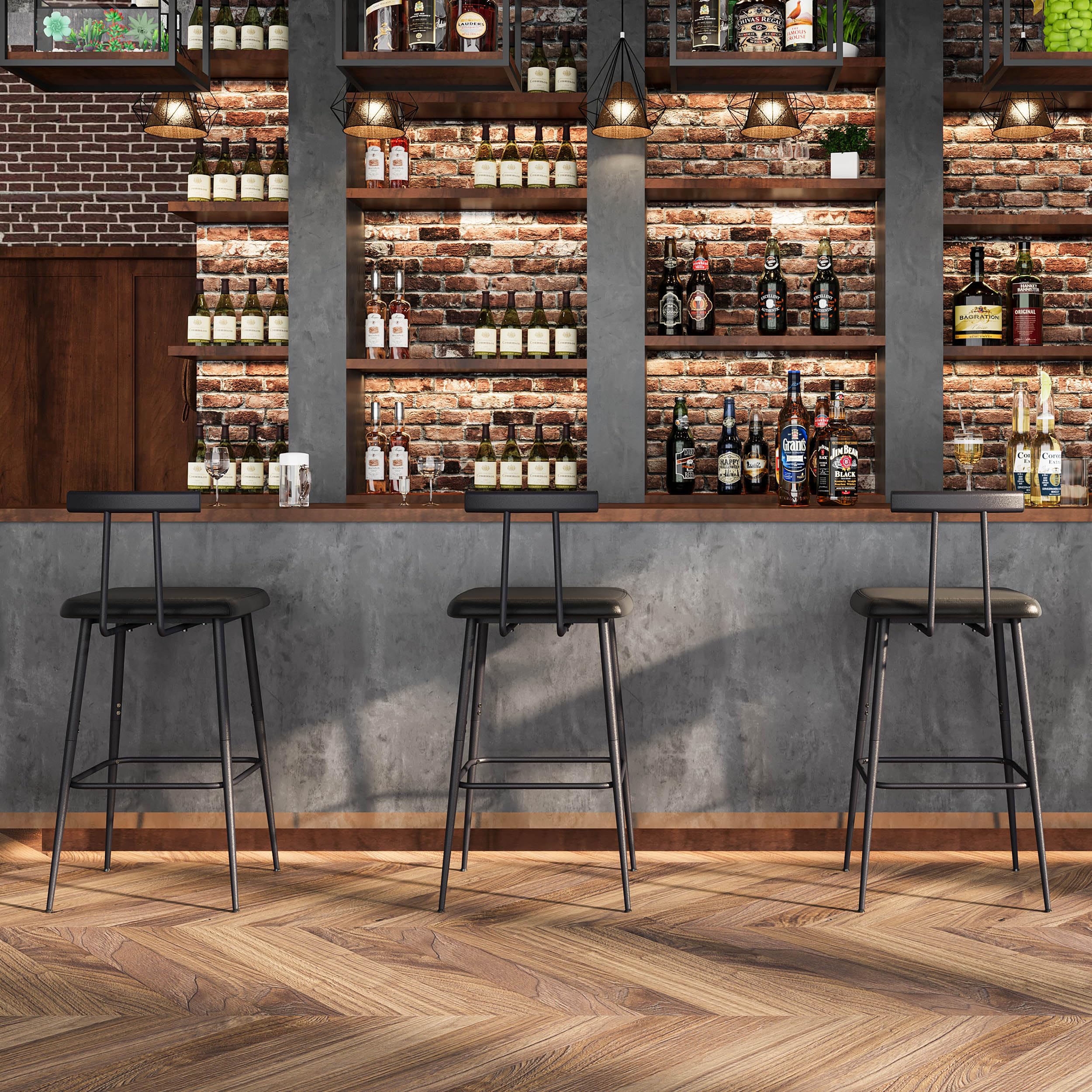YAUKTAK Bar Stools Set of 2, Tall Bar Stools with Backrest and Footrest, Counter Height Bar Chairs, Industrial Barstools with PU Leather Cushion, for Kitchen, Dining Room, Bar, Cafe (Black) KBS515B