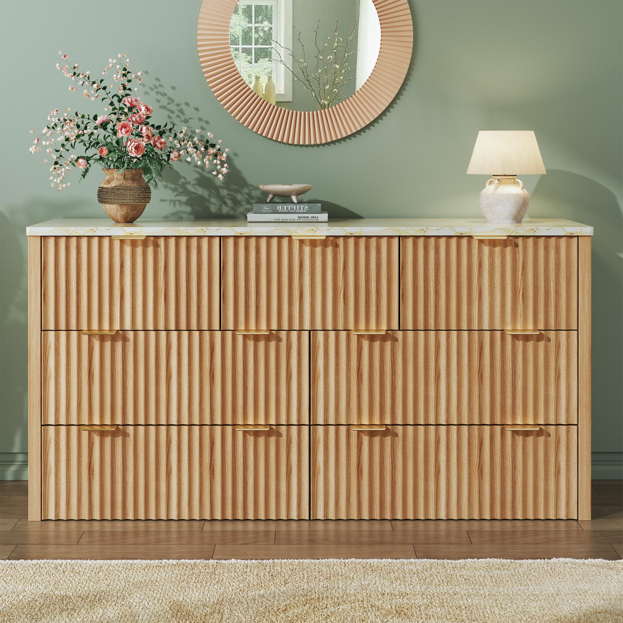 HUAHUU Fluted Dresser for Bedroom with 7 Drawers, 53" Wide Mid Century Modern Dressers with Faux Marble Top & Metal Handle, Wooden Chest of Drawers TV Stand, Natural Oak