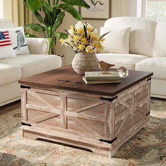 Farmhouse Square Coffee Table with Hidden Storage