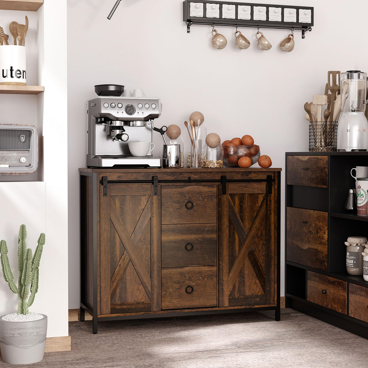 HOMCOM Industrial Farmhouse Buffet Cabinet, Kitchen Sideboard with Sliding Barn Doors, Three Drawers and Adjustable Shelves for Living Room, Rustic Brown