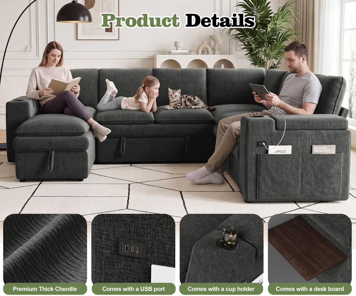 Vipbear Modular Sectional Cloud Sofa with Pull Out Bed,Sleeper Couch,Gray