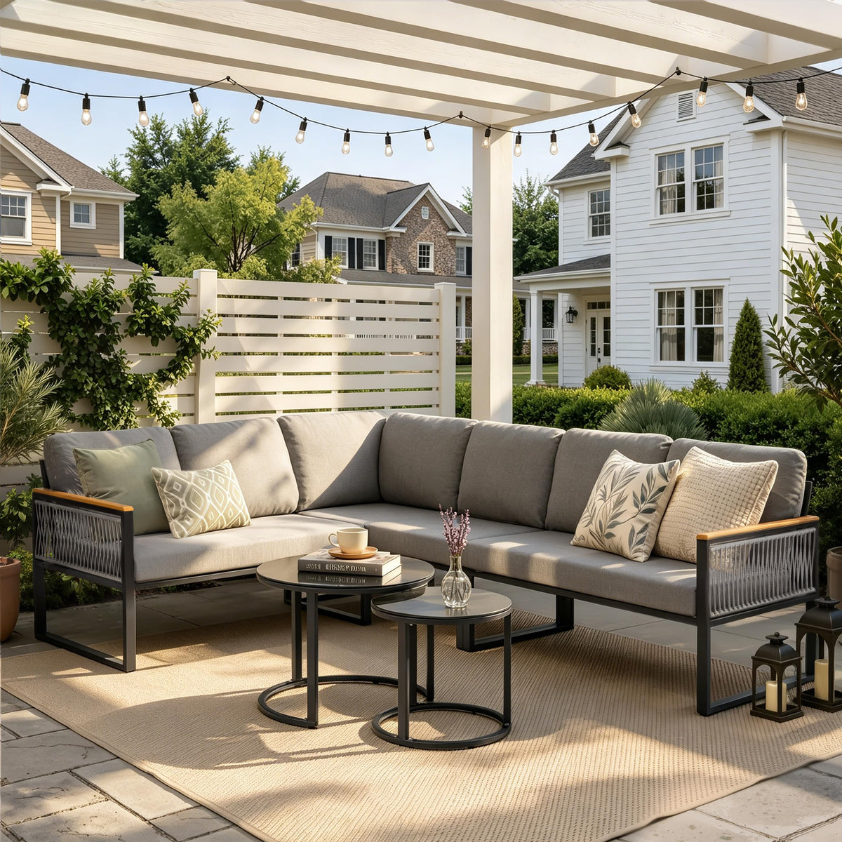7 Piece L-Shaped Outdoor Sectional Wicker Sofa with Nesting Coffee Table
