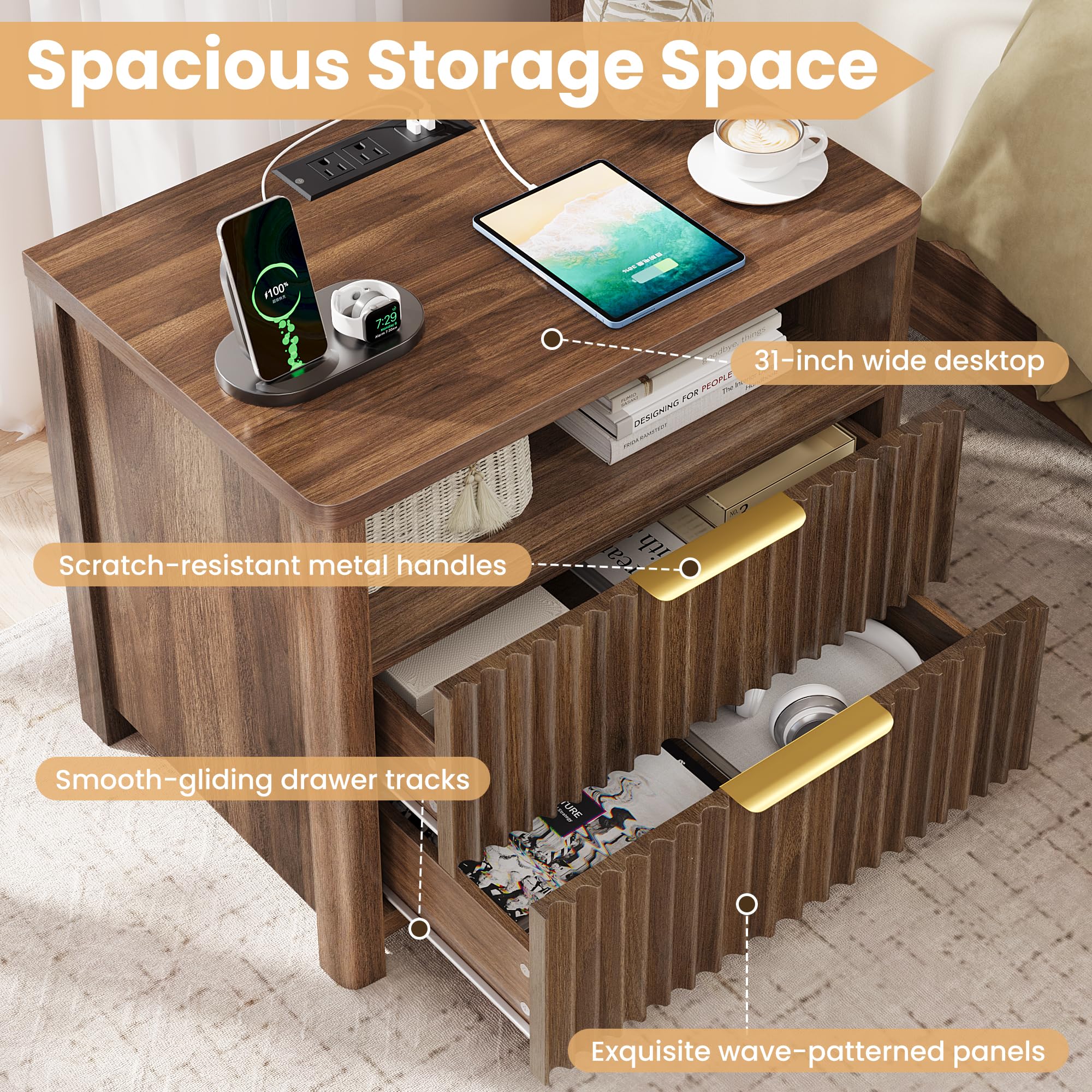 Fluted Nightstand with Charging Station & 2 Drawers