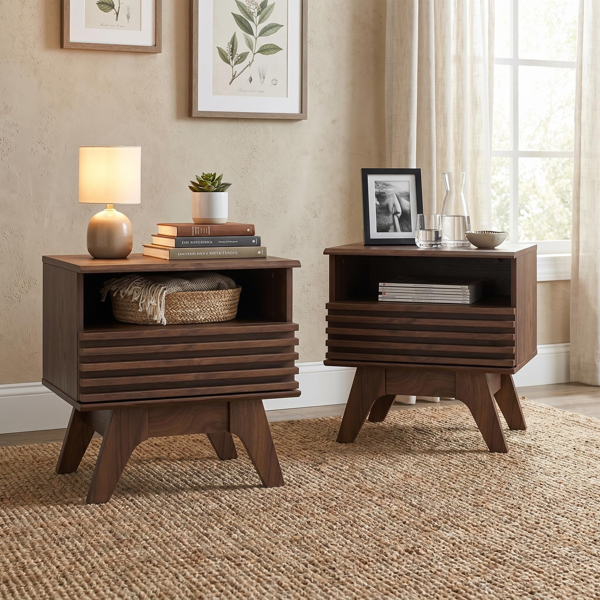 Fluted Nightstand with Drawer & Open Shelf | Mid-Century Modern