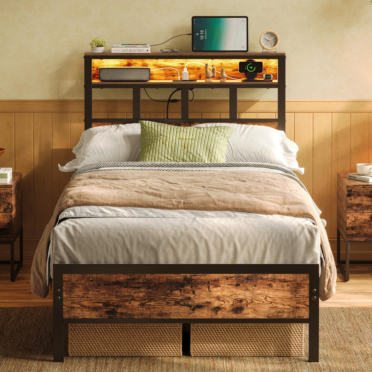 YOSEZON Twin Bed Frame with Headboard and Storage Shelf, Metal Platform Bed Frame with Charging Station, LED Lights, Noise-Reducing, No Box Spring Needed, Rustic Brown