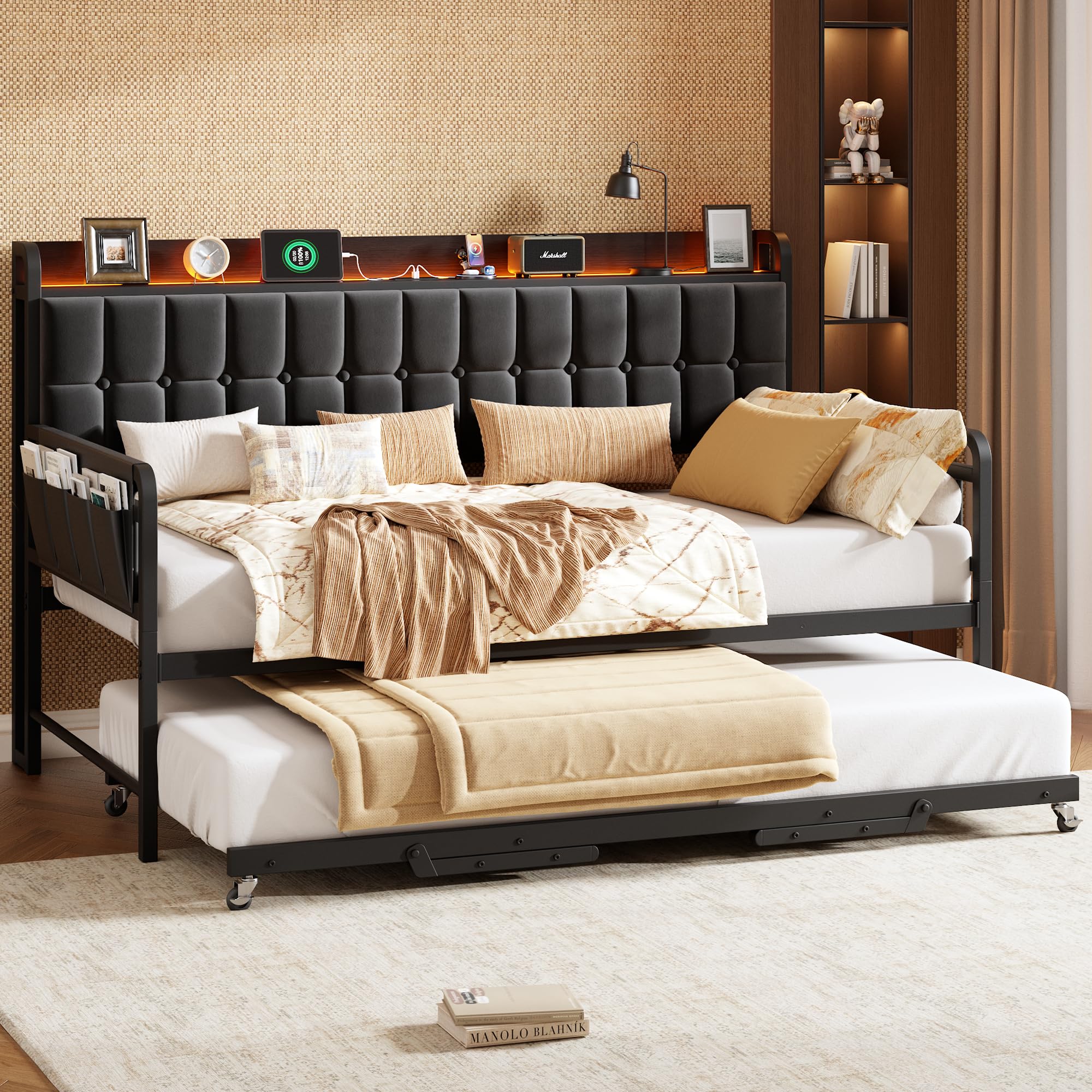 Garvee Twin Bed Frame Daybed with Trundle - with LED Light & Charging Station, Upholstered Sofa Bed with Storage Headboard and Heavy Duty Metal Slats, for Living Room, Bedroom, Guest Room, Black