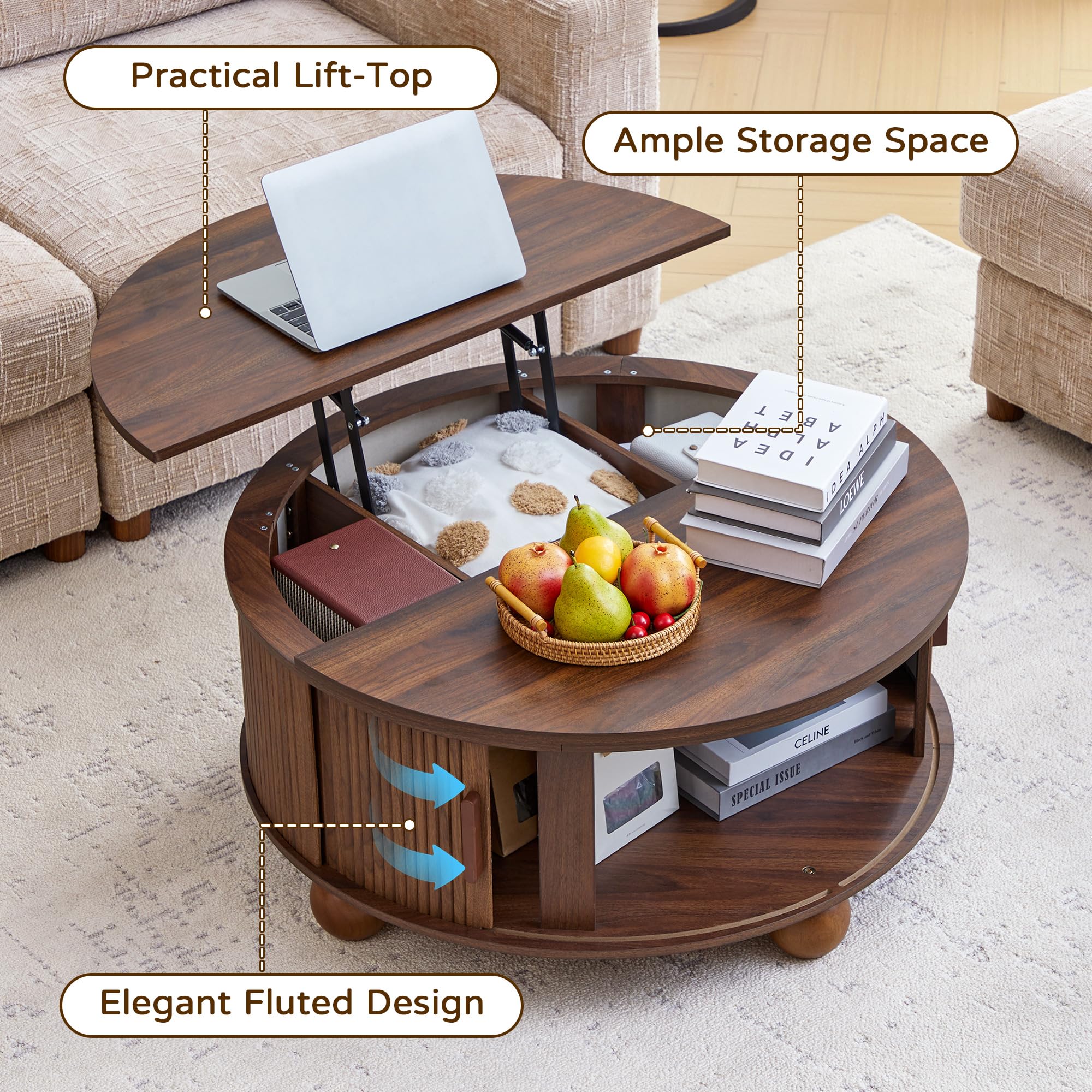 SUJOUCRAFT 33.5" Round Lift-Top Coffee Table with Storage, Mid-Century Wood Fulted Coffee Table with Sliding Door & Ball Legs, Living Room Center Drum Table for Apartment Living Room (Brown)