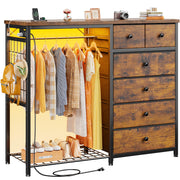 Dresser with Hanging Rack, 6 Drawers, LED Lights & Charging Station
