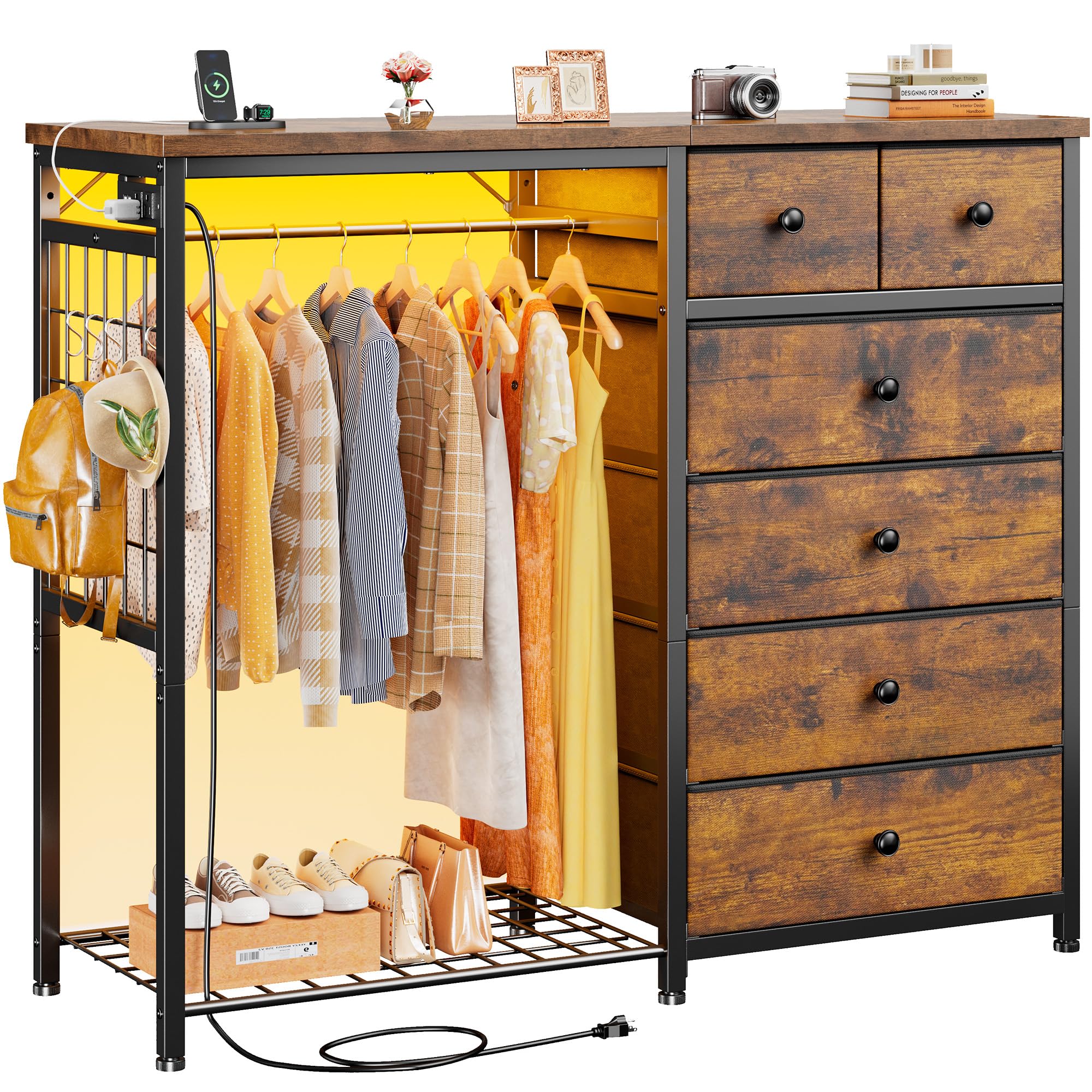 Dresser with Hanging Rack, 6 Drawers, LED Lights & Charging Station