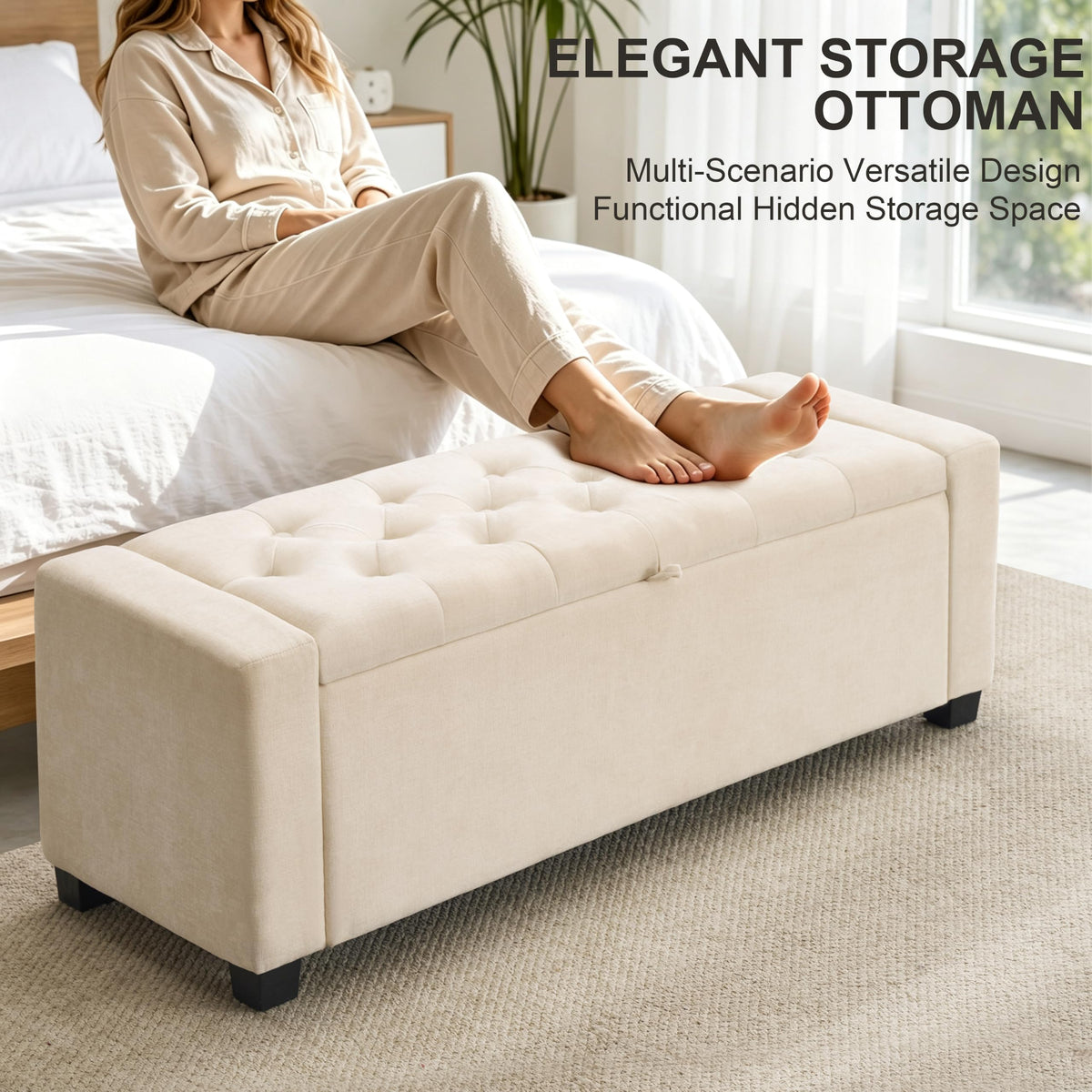 48" Ottoman with Storage, Tufted Linen Storage Ottoman Bench, Beige