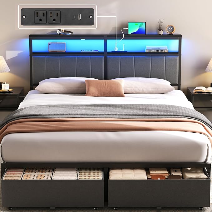 Queen Storage Bed Frame with Charging Station